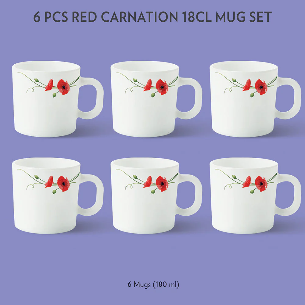 Larah by Borosil Red Carnation Mug Set, 180ml x 6