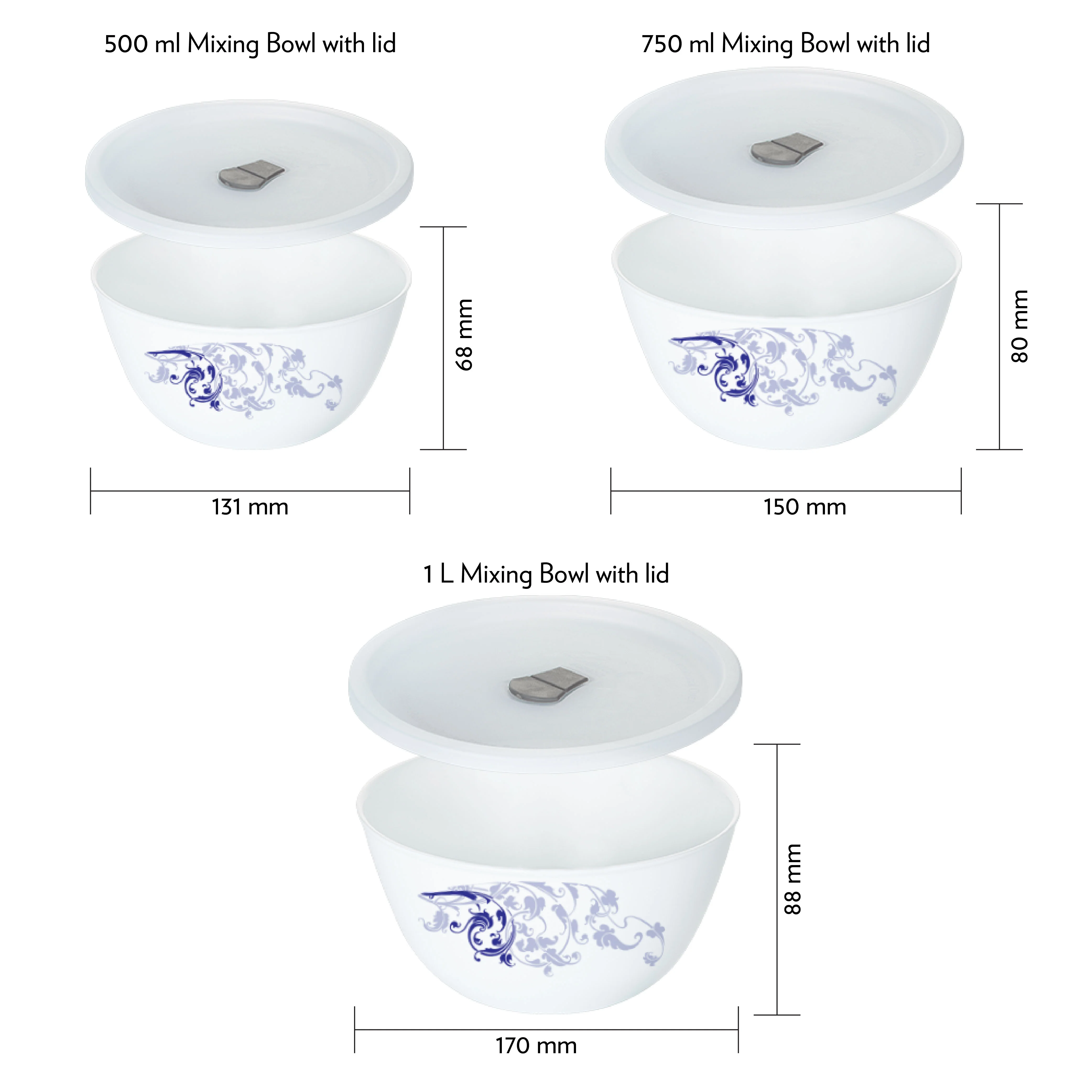 Larah by Borosil Blue Eve Mixing Bowl Set w Lid, 6 pc Set (500ml + 750ml + 1 L)