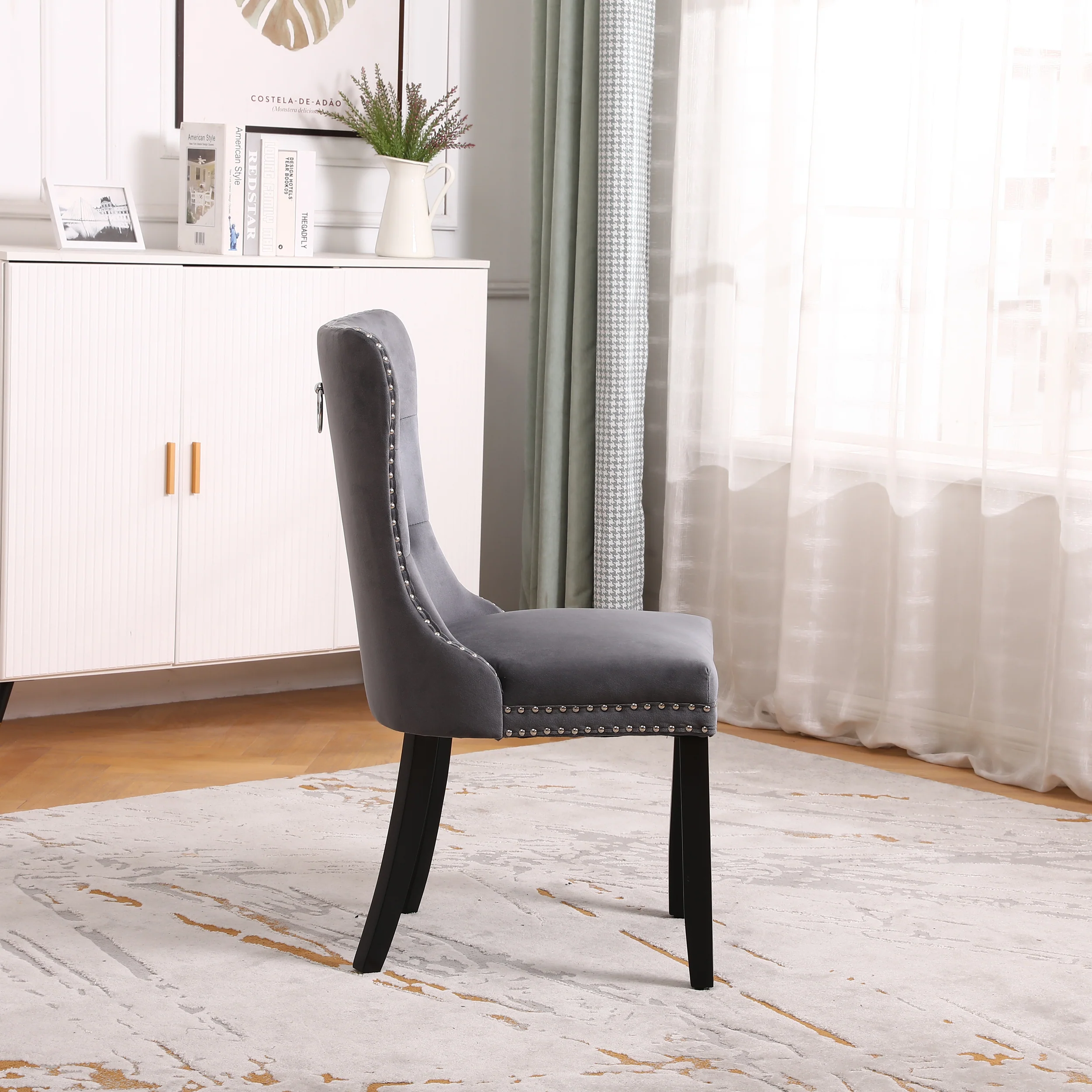 Neo Set Of Two Dark Grey Studded Velvet Dining Table Chair with Ring Knocker Detail