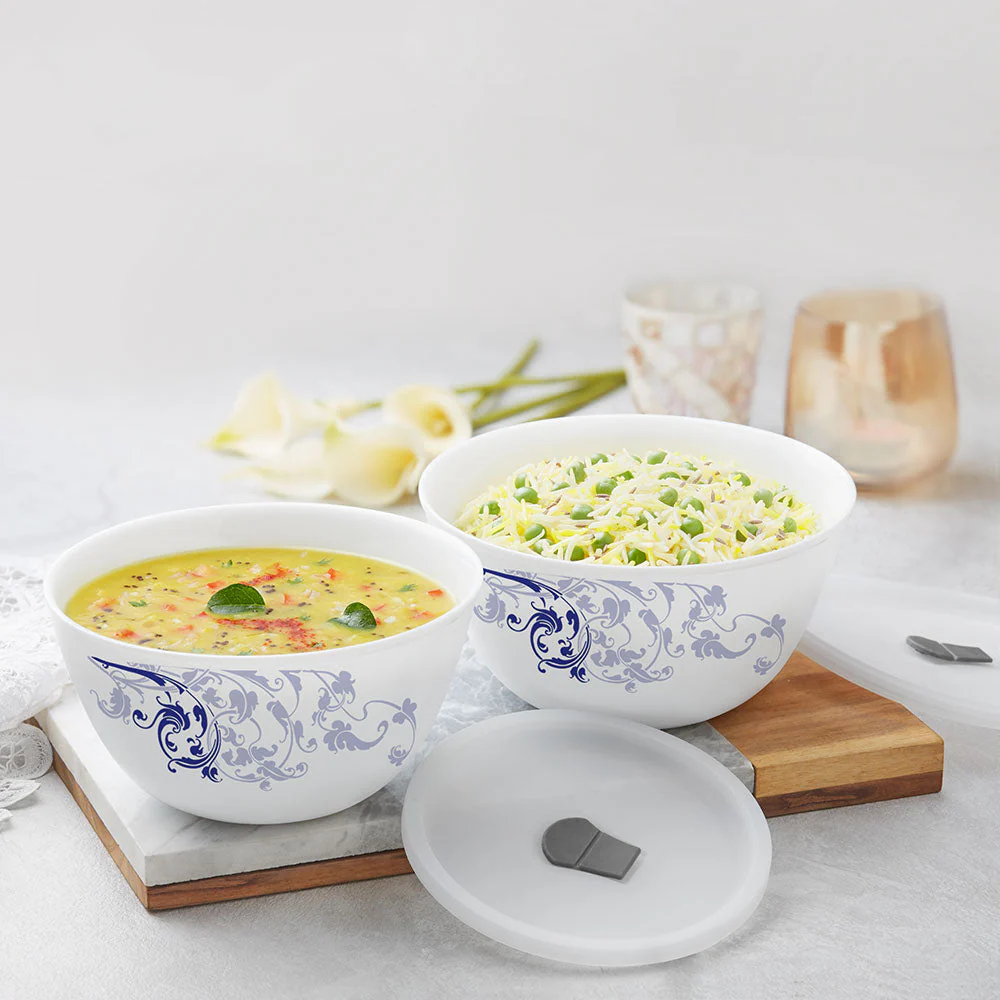 Larah by Borosil Blue Eve Mixing Bowl Set w Lid, 6 pc Set (500ml + 750ml + 1 L)