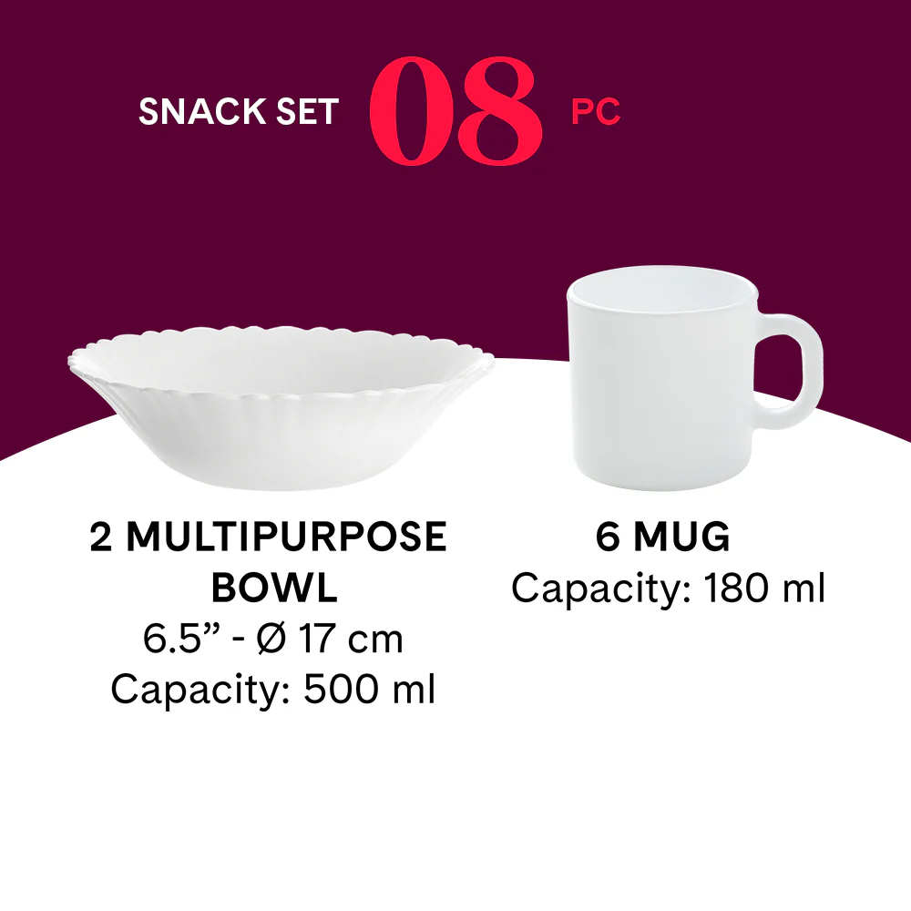 Larah by Borosil Classic Snack Set w Mugs, 8 pc