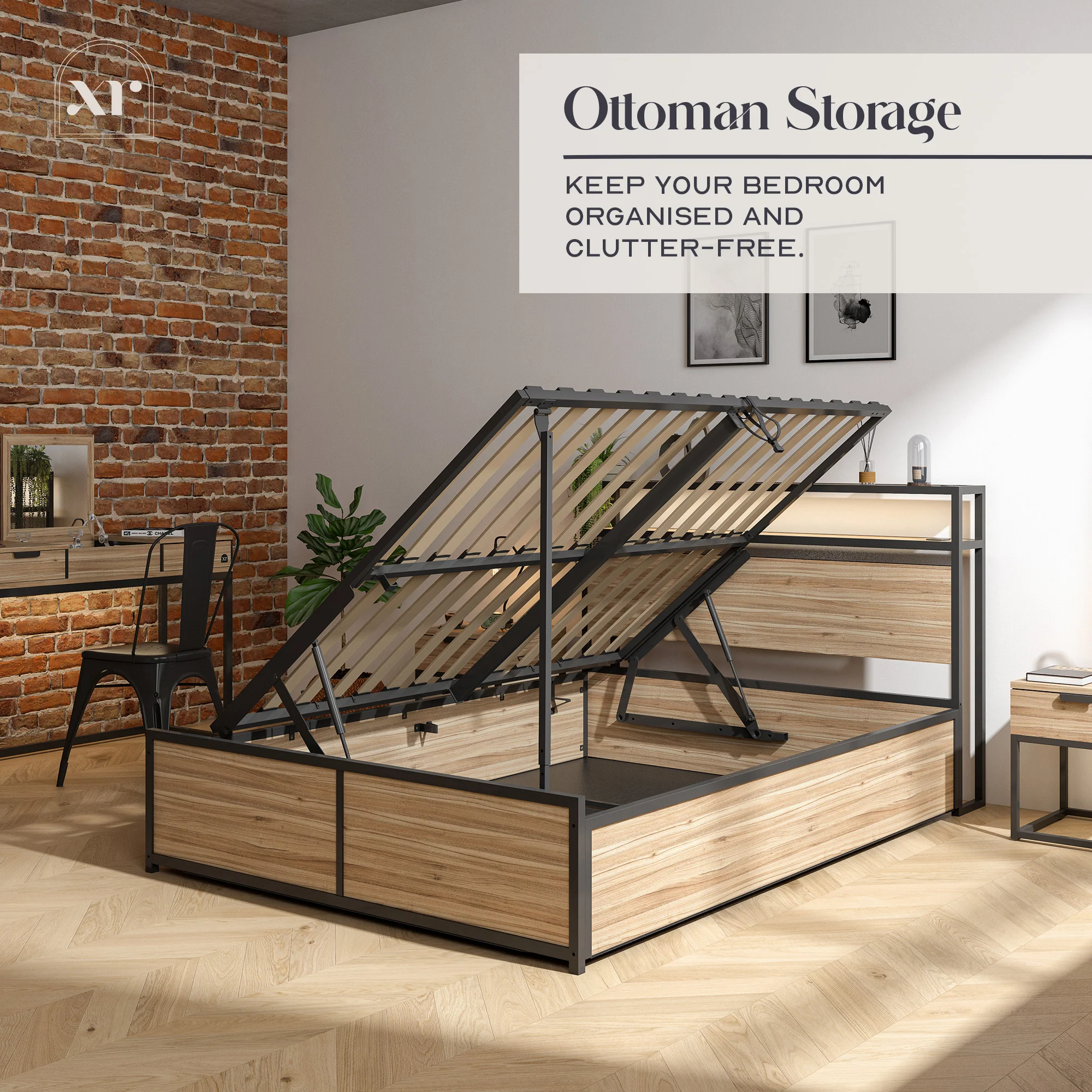 Denver Double Ottoman Bed With App Controlled LED Lighting - Oak/Black