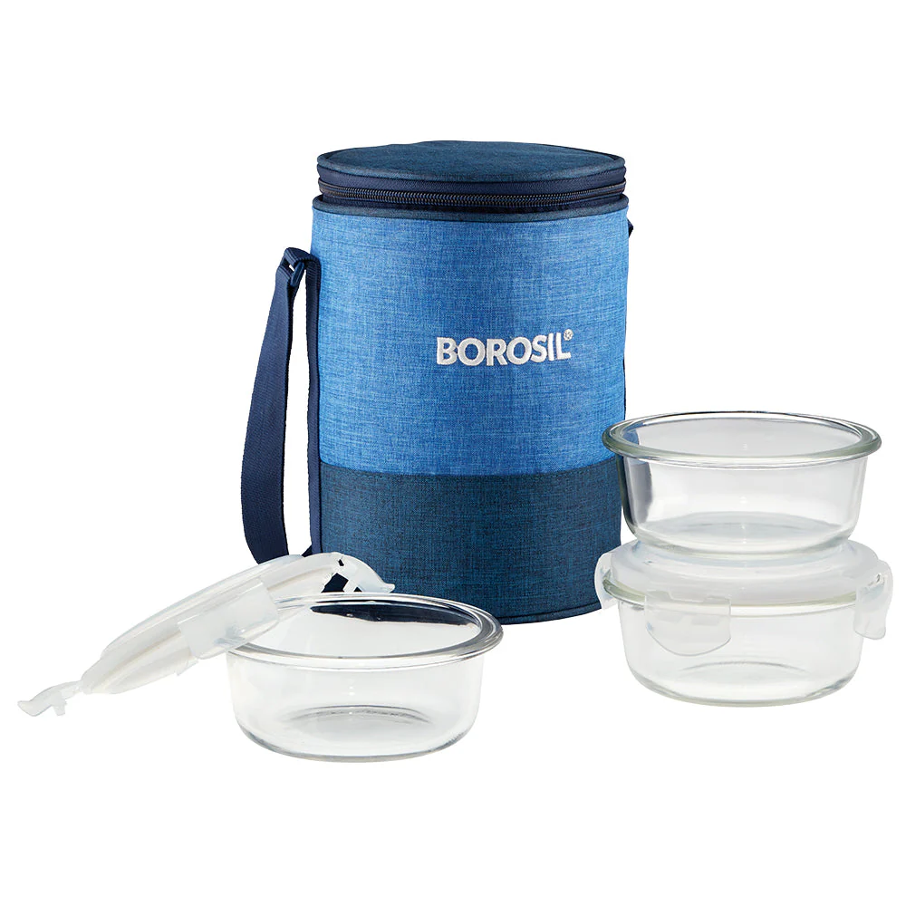 Borosil Prime Glass Lunchbox, Round x 3, 400ml x 3