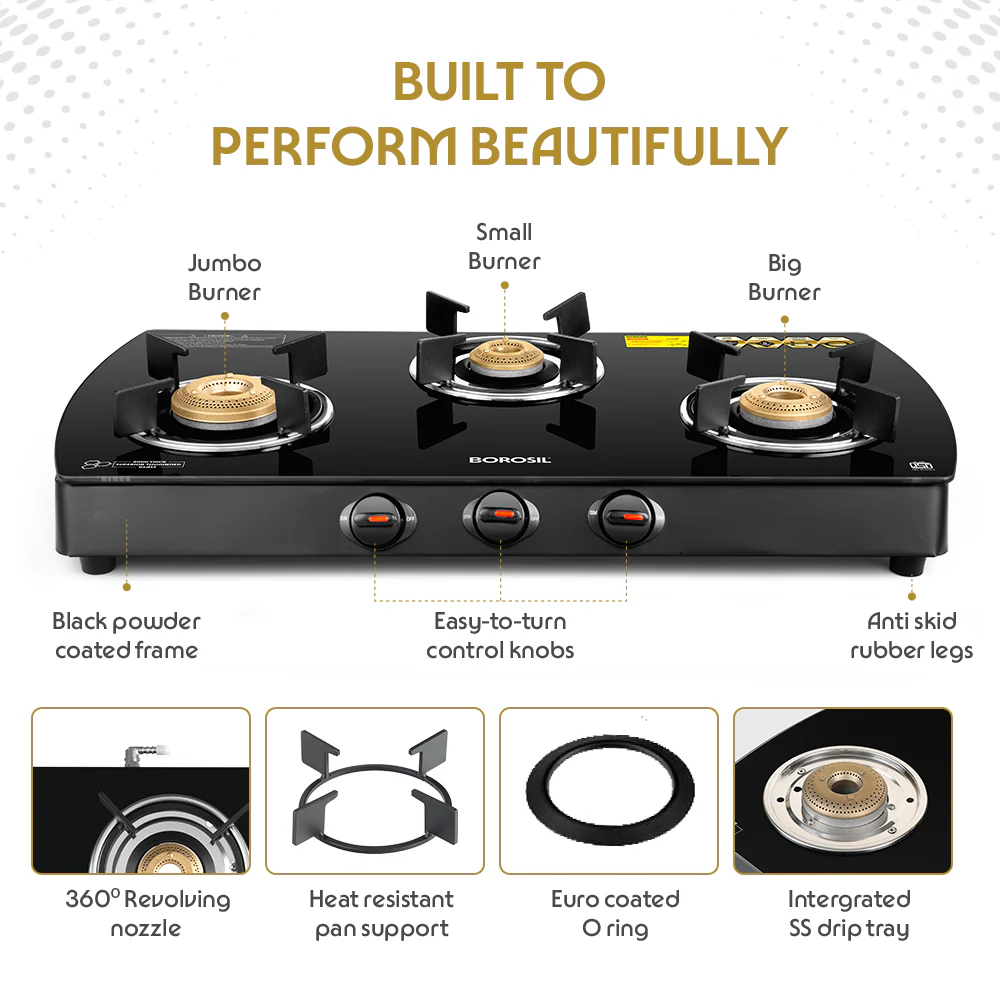 Borosil Prima Glass-top Gas stove, 3 Burners
