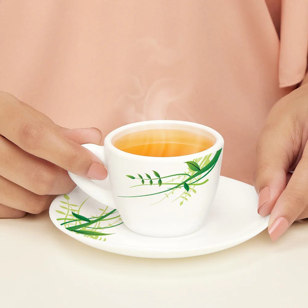 Larah by Borosil Green Herbs Cup n Saucer Set, 90ml x 12