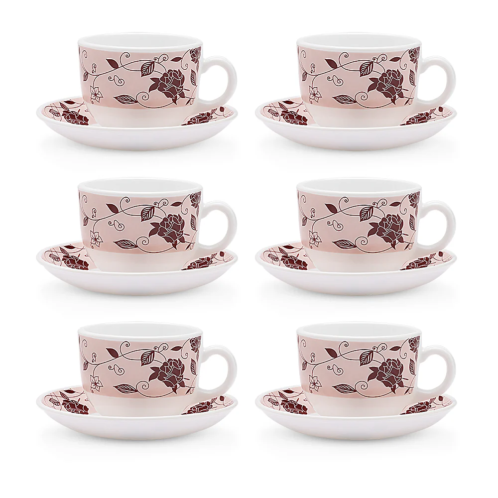 Larah by Borosil Rosa Brown Cup n Saucer Set, 220ml x 12