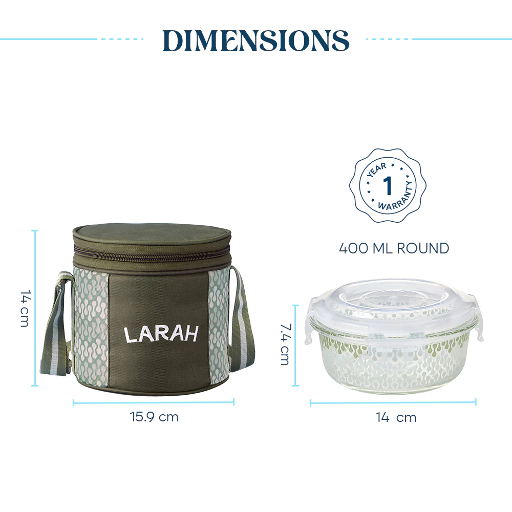 Larah Gracia Glass Lunchbox, Round x 2 (Tall), 400ml x 2