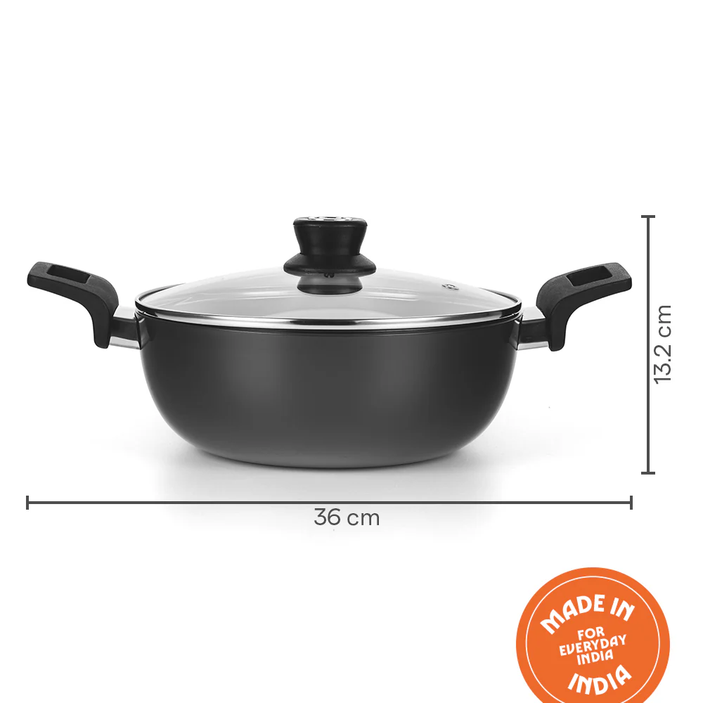Hard Anodized Induction Base Deep Kadhai W Glass Lid, 22 cm / 2L