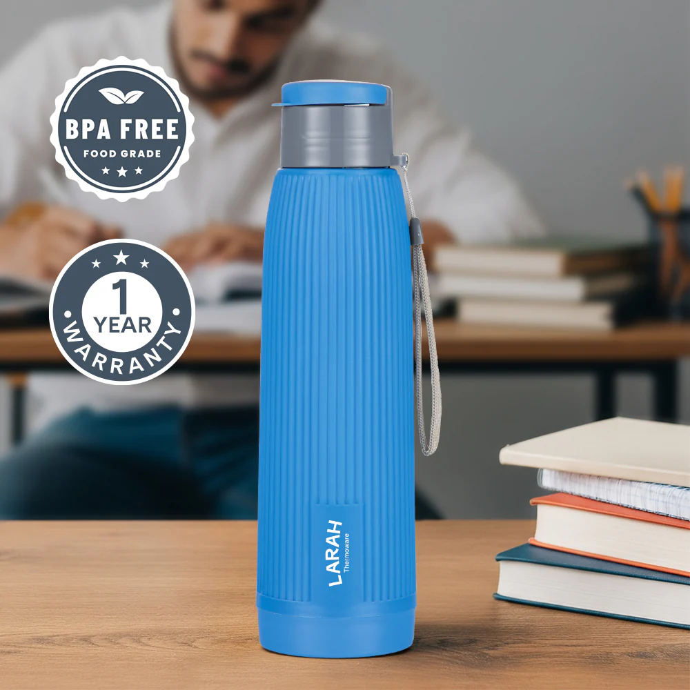 Larah Lava Fluted PU Thermoware Bottle, 700 ml, Blue