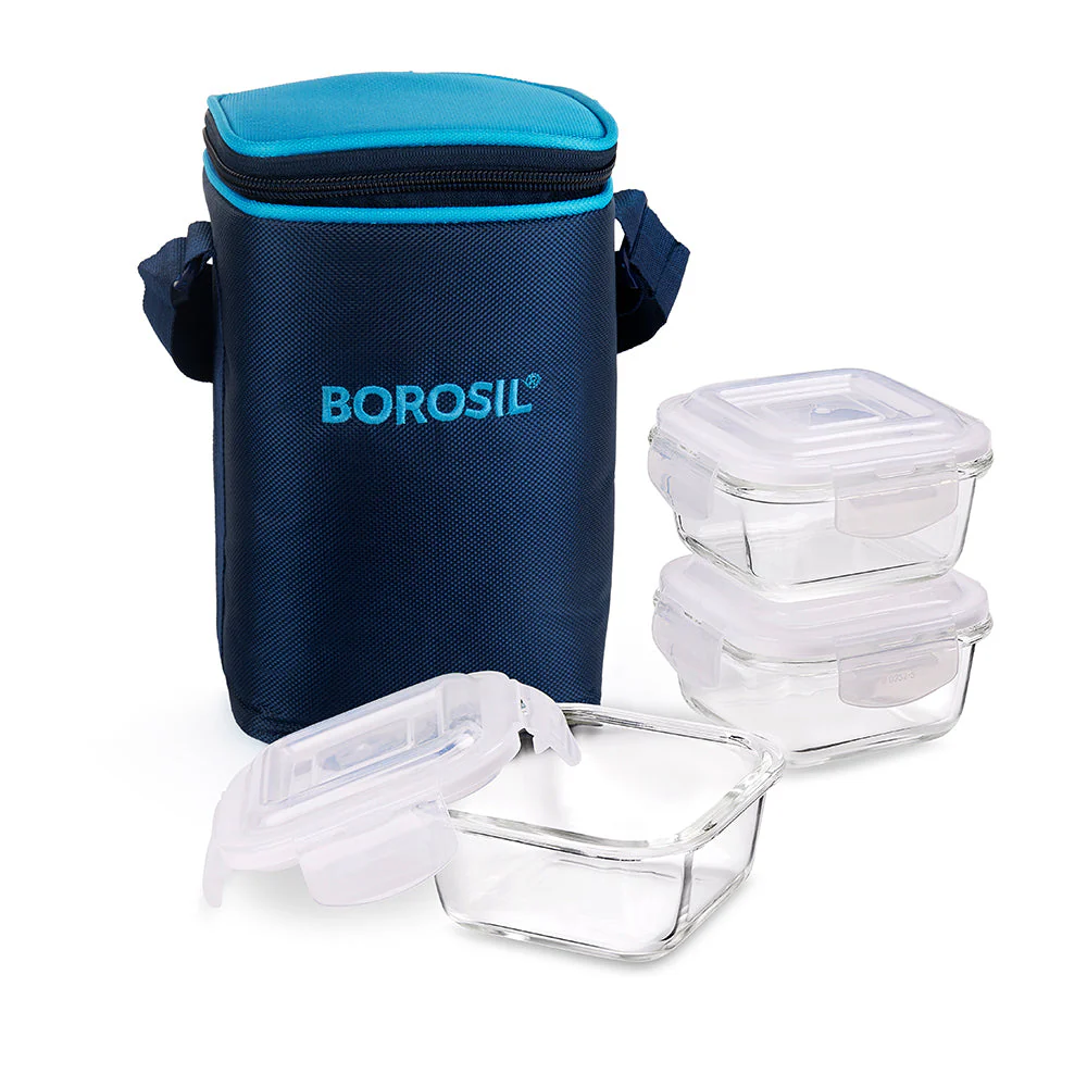 Alfa Blue Glass Lunch Box, Square x 3 (Tall), Set of 3, 320ml