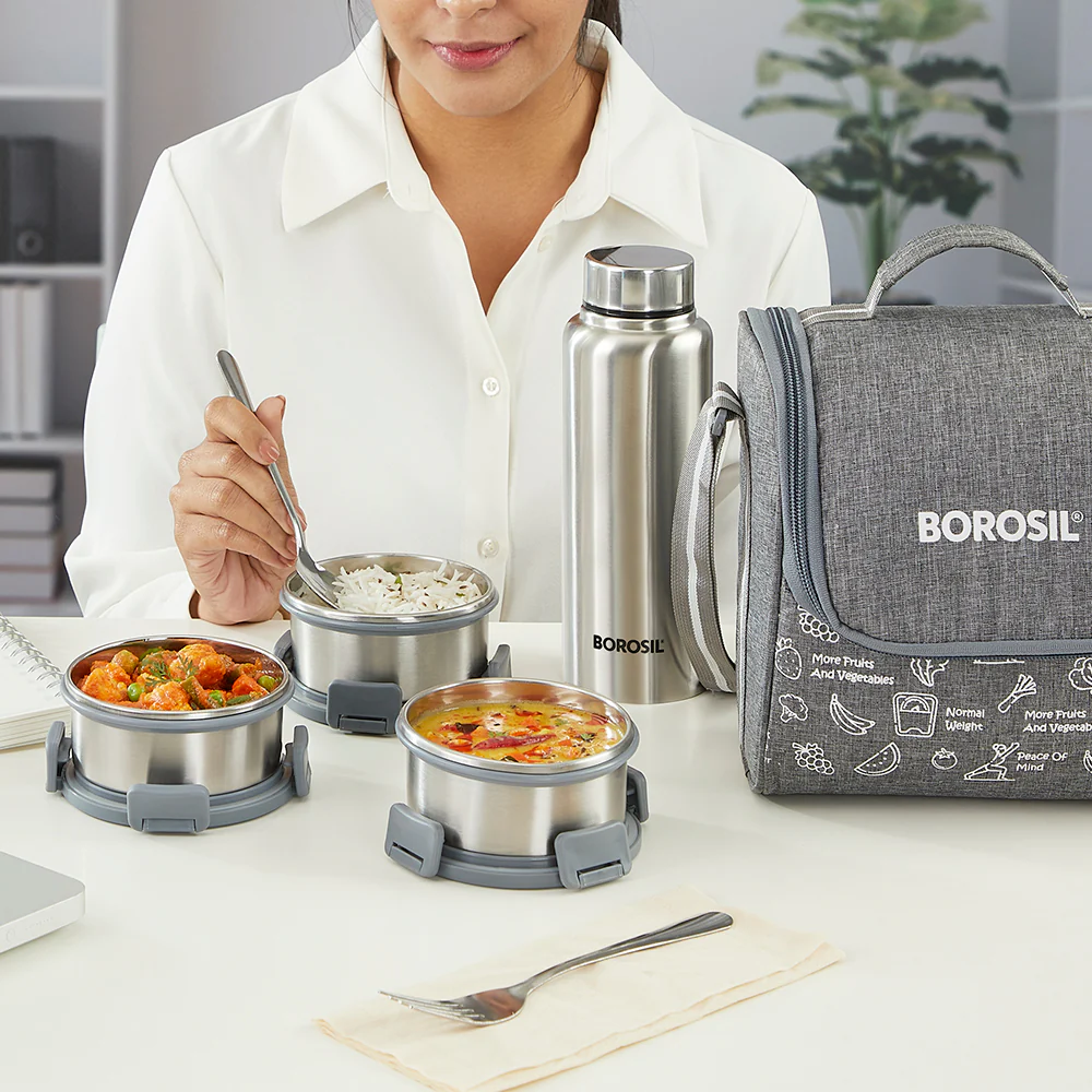 Borosil Slate Stainless Steel Lunchbox w SS Bottle, (280ml x 3) + (600ml Bottle x 1)