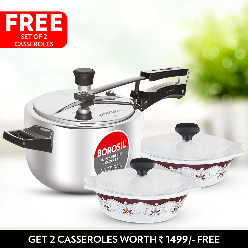 Borosil Home Chef Set-Buy Inner Lid Pressure Cooker 3.5 L & Get 1 L x 2 Casseroles with Lid Free Worth ₹ 1,499/-