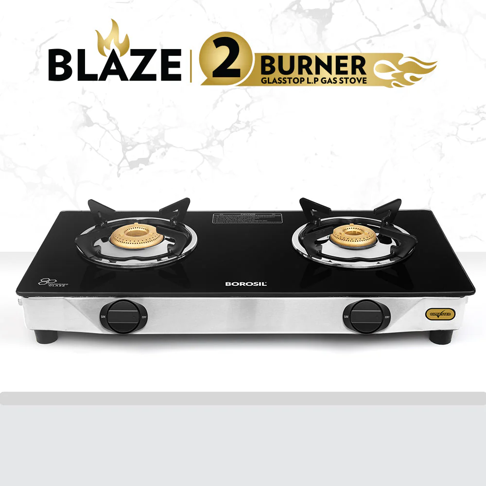 Borosil Blaze Glass-top Gas stove, 2 Burners (1 Large & 1 Small)