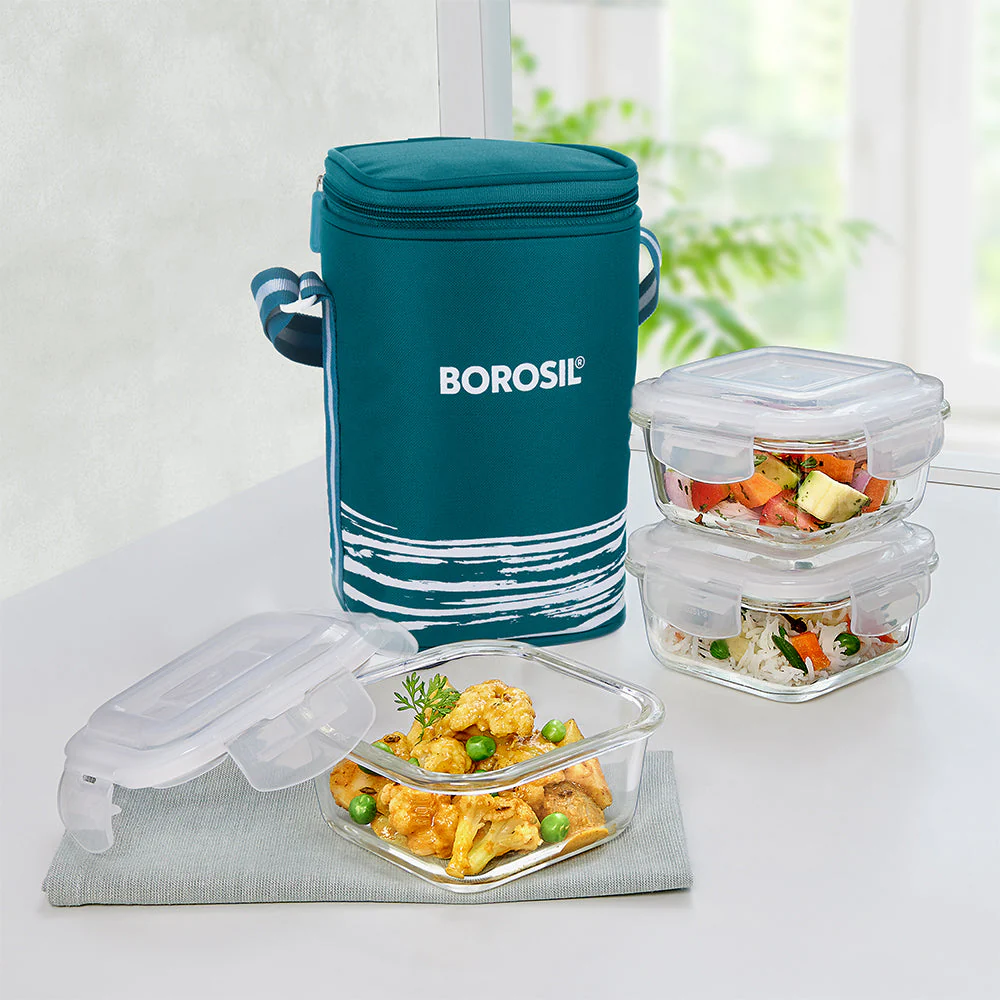 Steller Glass Lunch Box, Square x 3 (Tall), Set of 3, 320ml