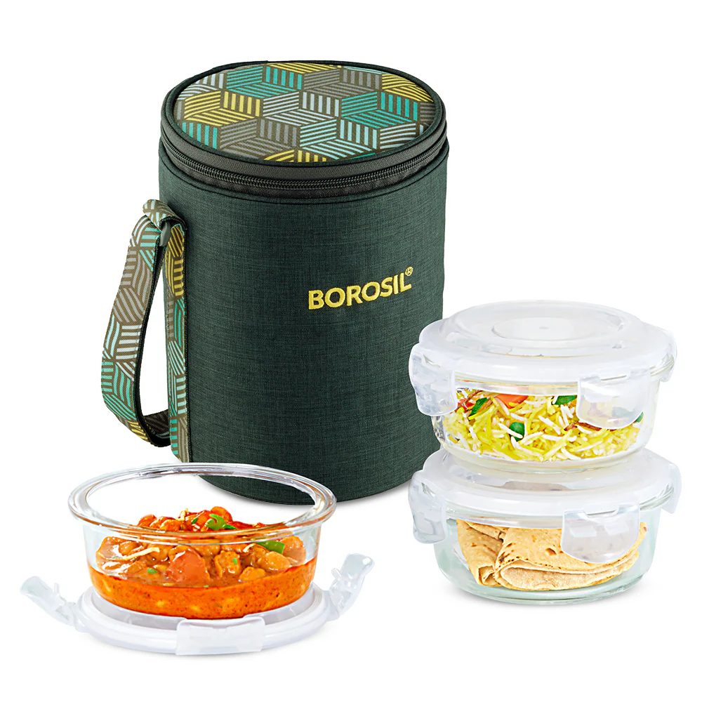 Borosil Foodluck Olive Glass Lunchbox, Round x 3