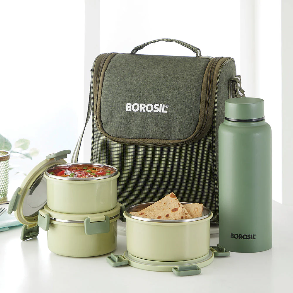 Borosil Glory Green Lunchbox w SS Bottle, (460ml x 1) + (280ml x 2) + (600ml Bottle x 1)