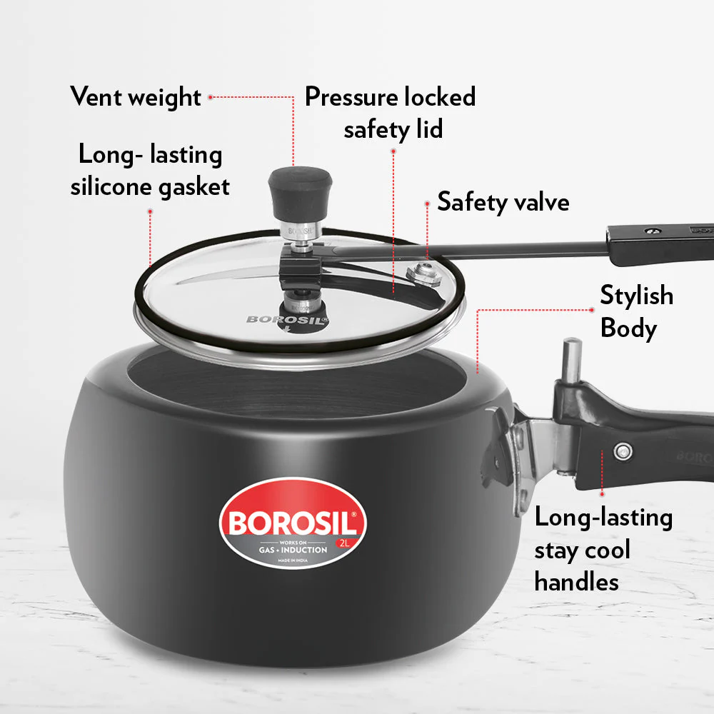 Borosil Pronto Hard Anodised Pressure Cooker, 2L