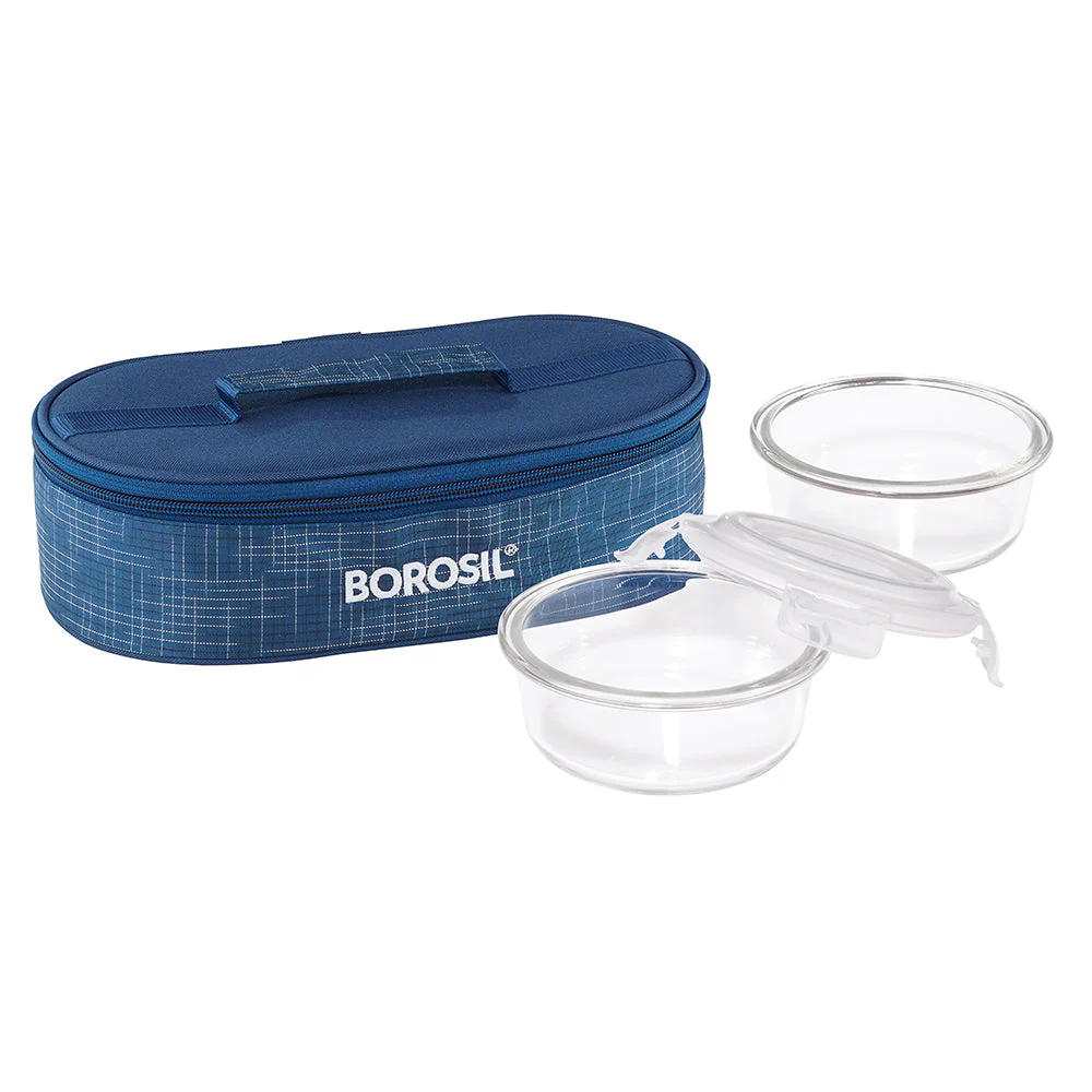 Borosil Indigo Glass Lunchbox, Round x 2 (Flat Bag), 400ml x 2