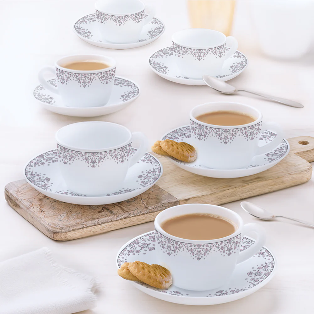 Larah by Borosil Lark Cup n Saucers Set, 140ml x 12