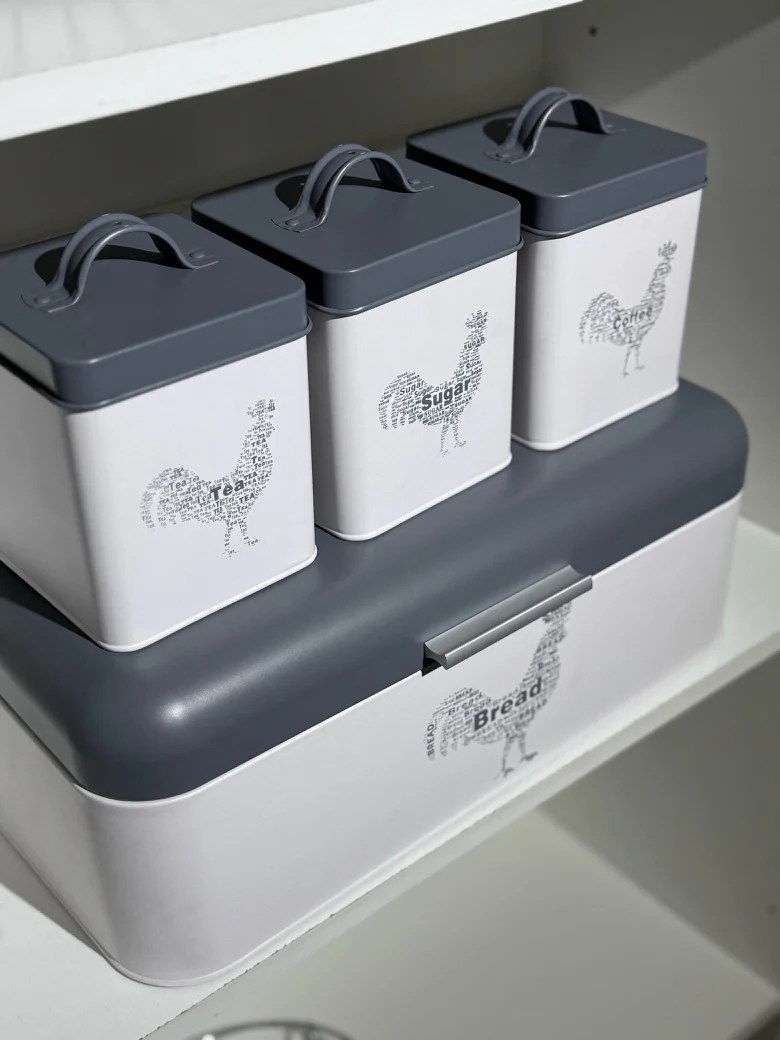 CH 4 Piece Rooster Canister Set Grey & White