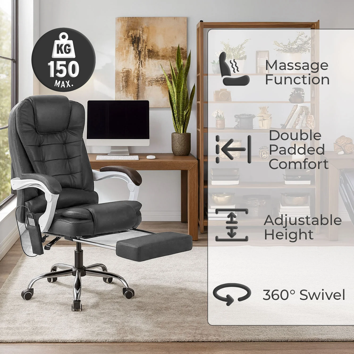 Neo Office Chair Dark Grey Faux Leather With Footrest & Massage Function