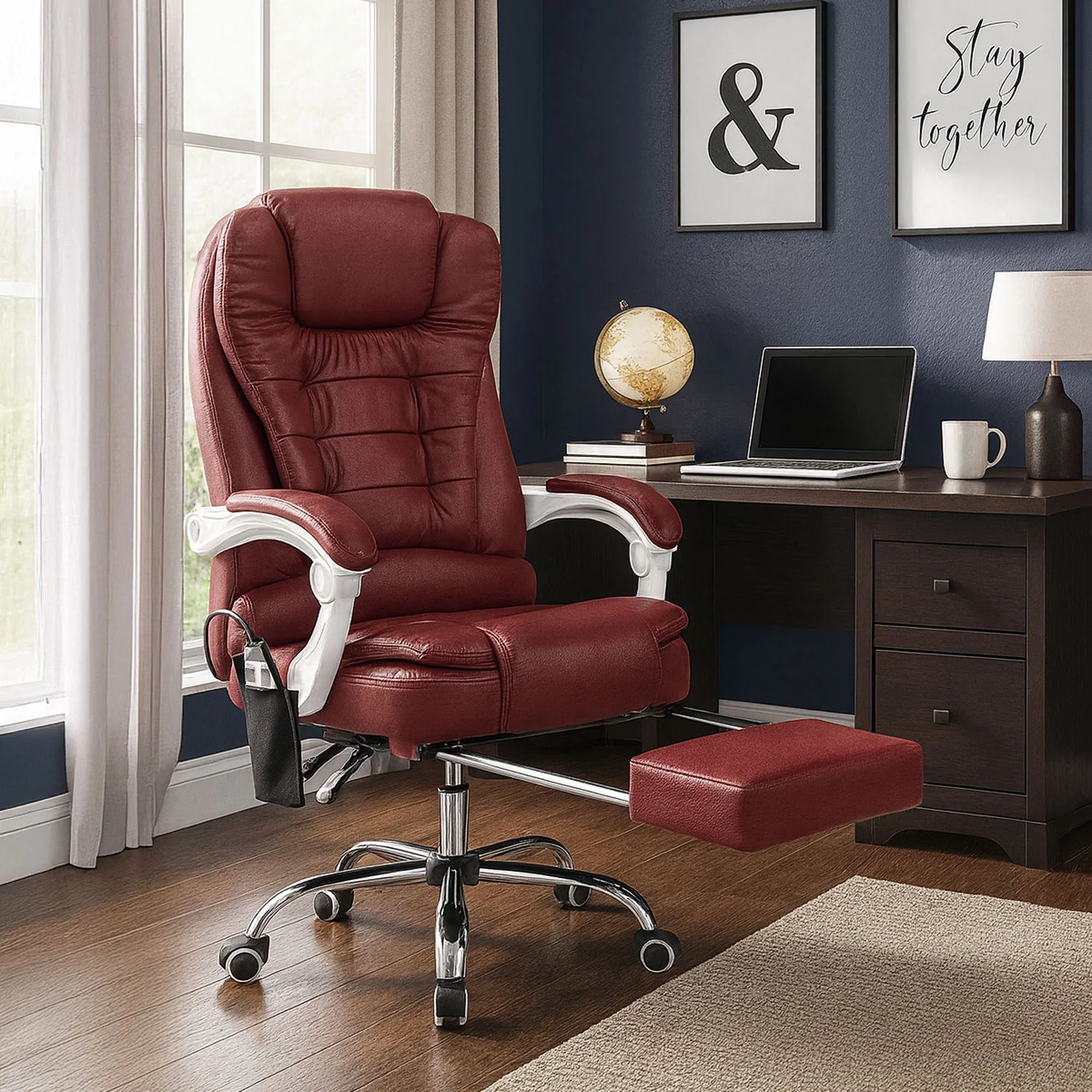 Neo Office Chair Burgundy Faux Leather With Footrest & Massage Function Steel Frame