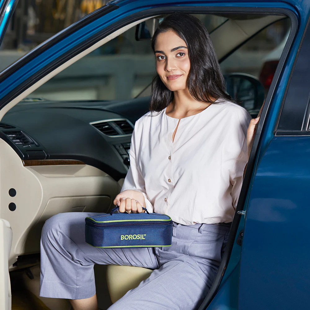 Borosil Blue Glass Lunchbox, Square x 2 (Flat), 320ml x 2