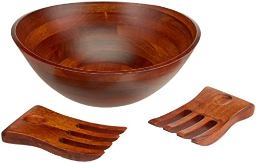 Cherry Finished Wavy Rim Serving Bowl with 2 Salad Hands, Large, 13