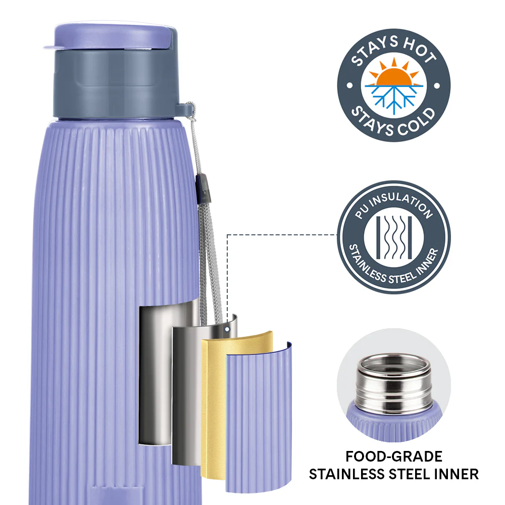 Larah Lava Fluted PU Thermoware Bottle, 700 ml, Violet