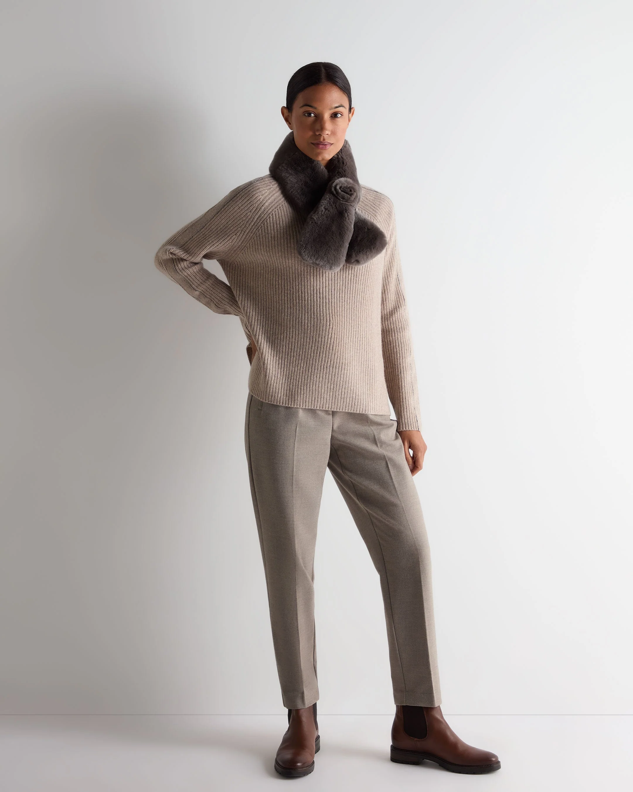 Women's Metal Funnel Neck Cashmere Sweater Oatmeal Brown