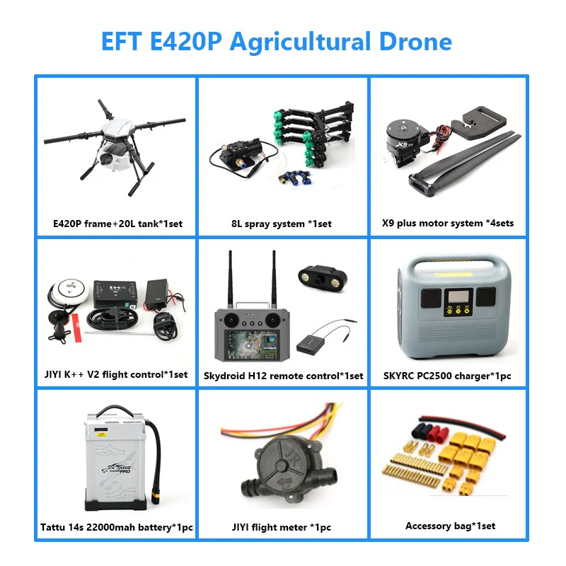 EFT E420P 20L Agriculture Drone - 4 Axis 20KG 20L 22L Tank Capacity Foldable Propeller Hobbywing Motor X9 plus JIYI K++ V2 H12 Remote Controller