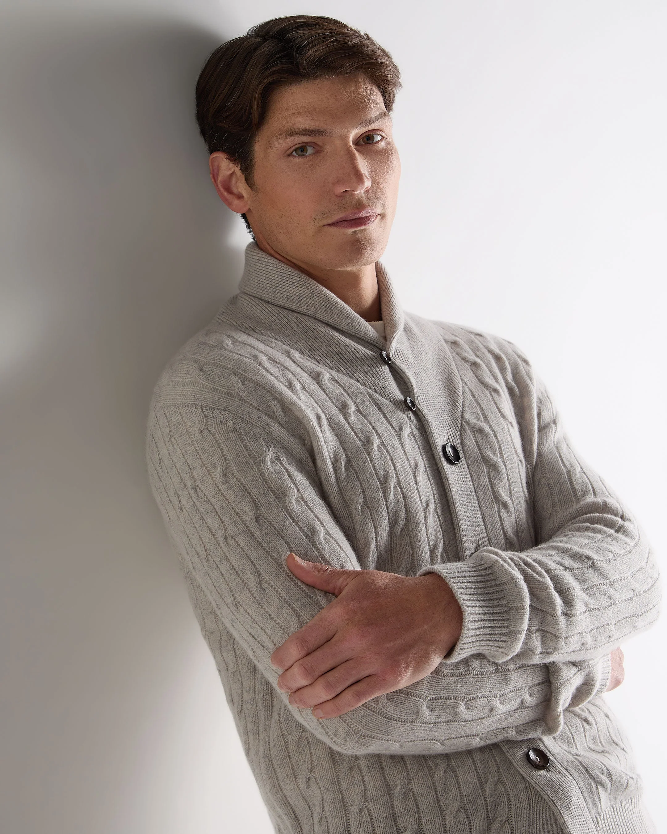 Men's Garrick Shawl Cable Cashmere Cardigan Nougat Brown Marl