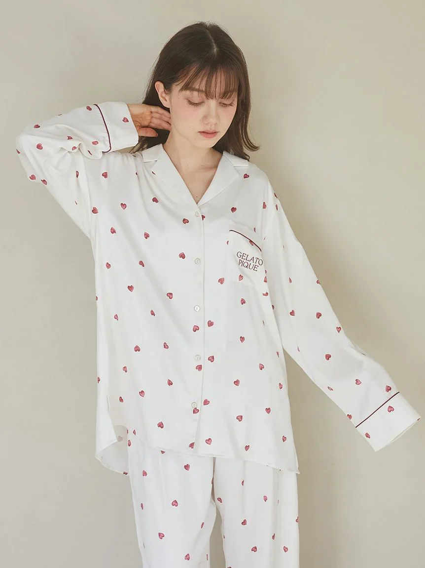 Heart Pattern Satin Pajama Shirt