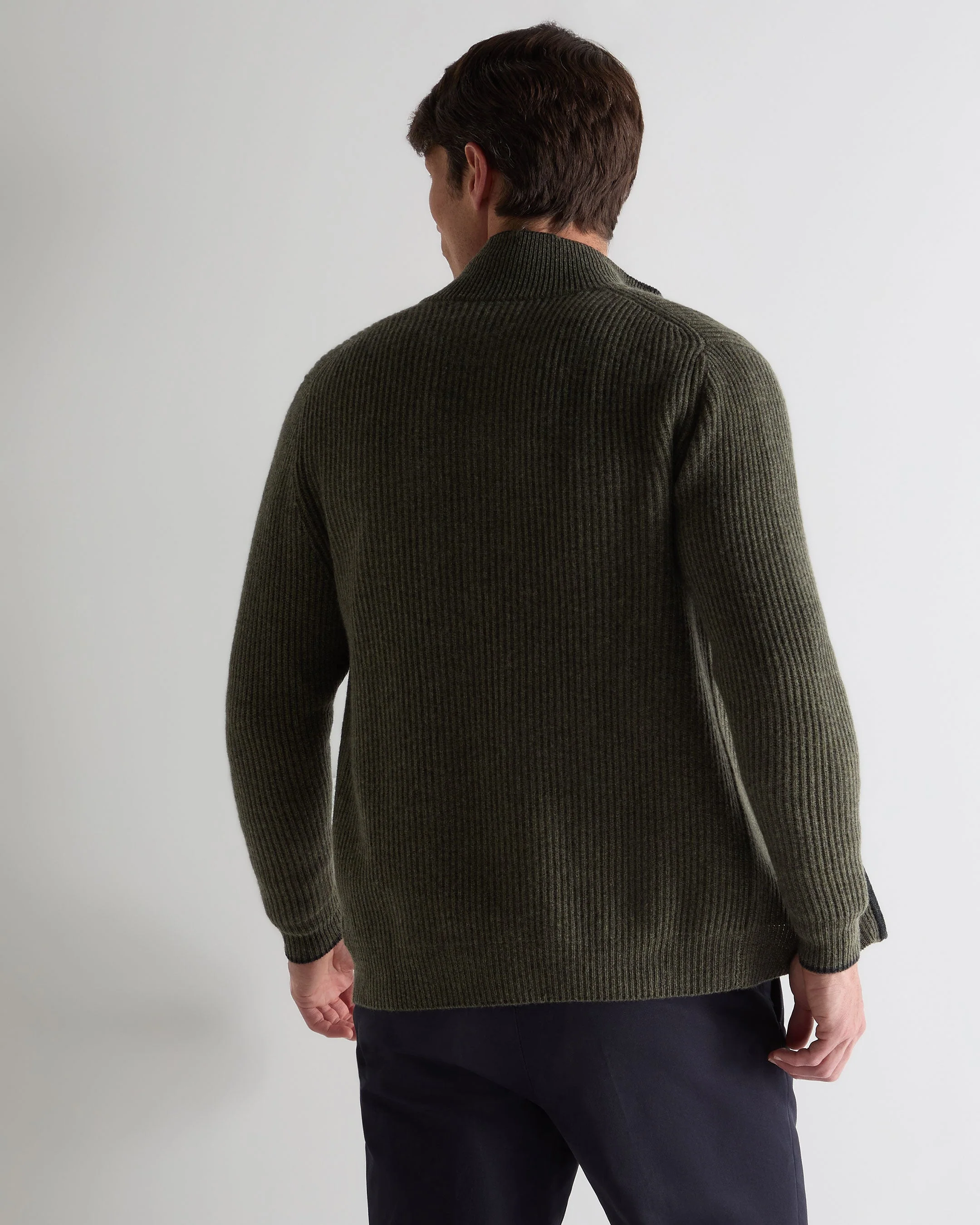 Men's Lambeth Rib Full Zip Cashmere Cardigan Moss Green