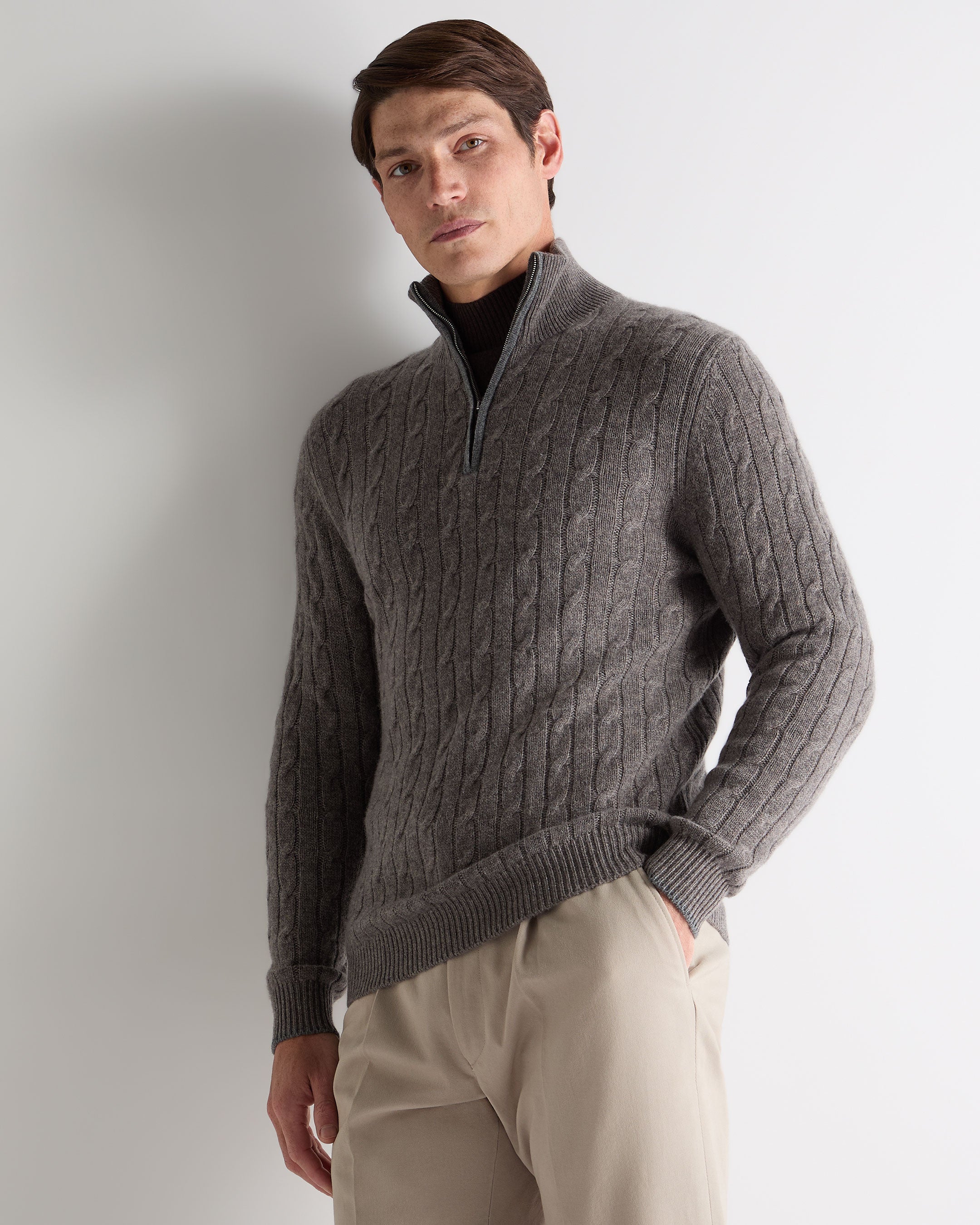 Men's Albemarle Cable Half Zip Cashmere Jumper Wood Smoke Brown