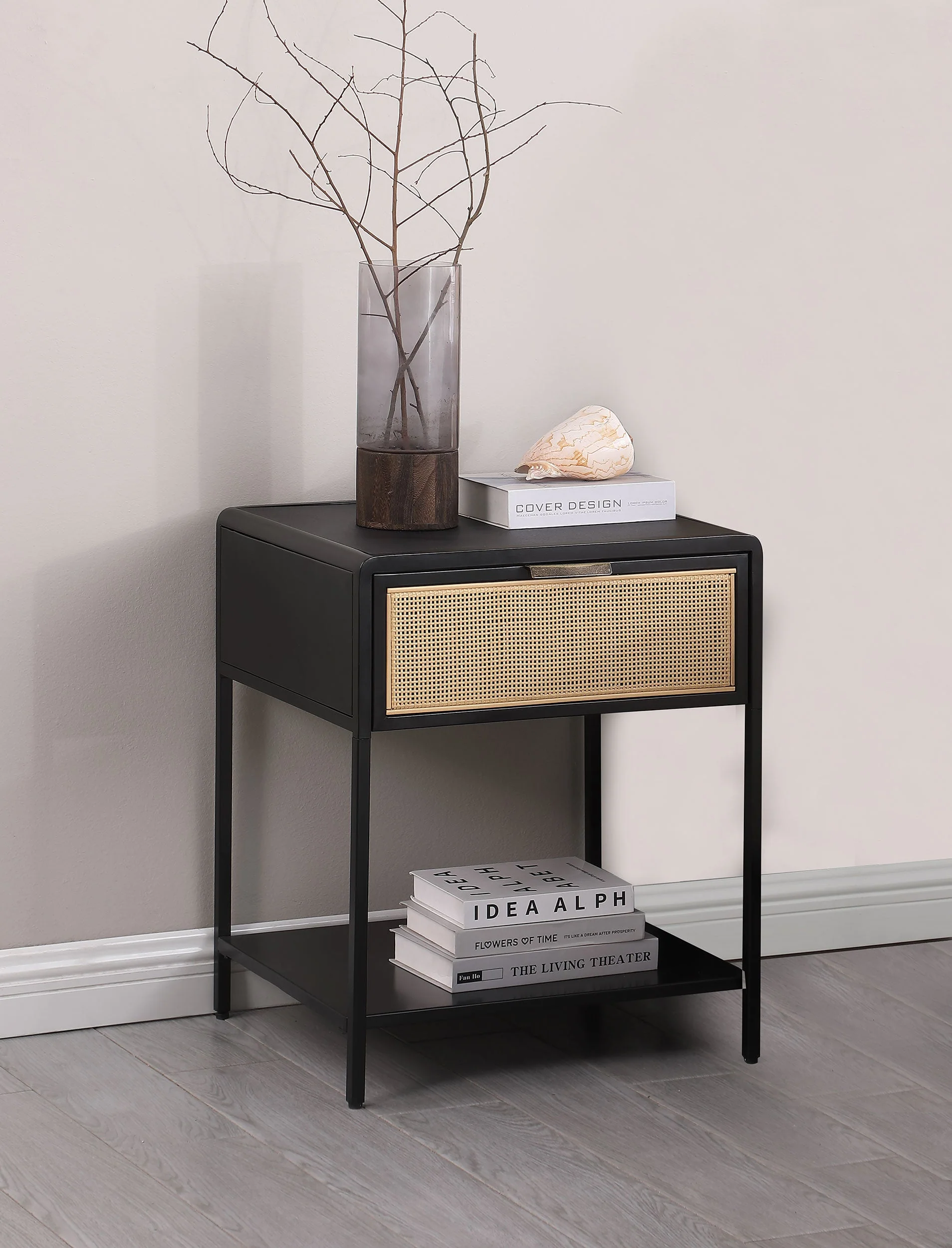 Amherst 1-drawer Radio Weave Cane Metal Bedside Table