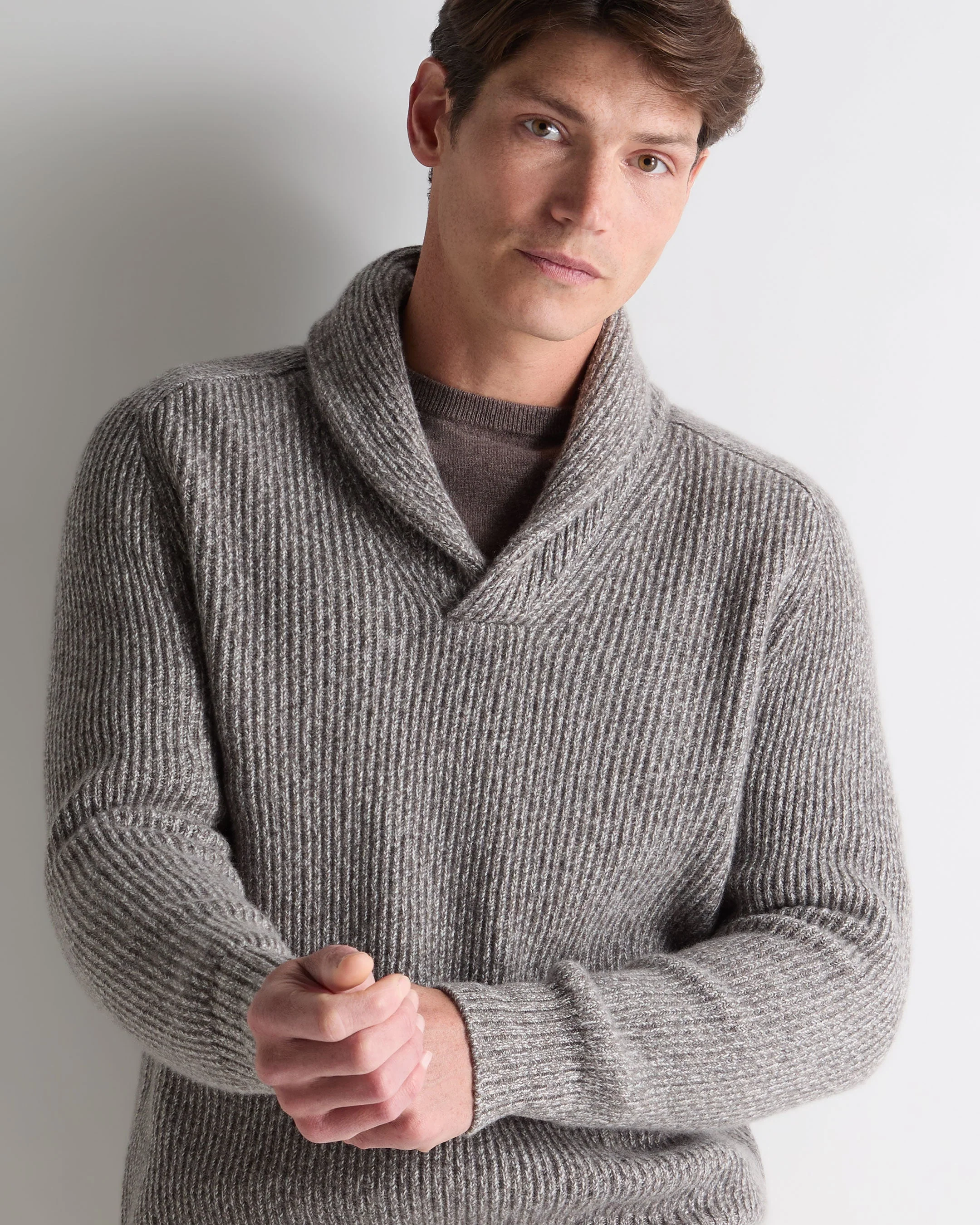 Men's Shawl Collar Cashmere Sweater Soft Truffle Brown Marl