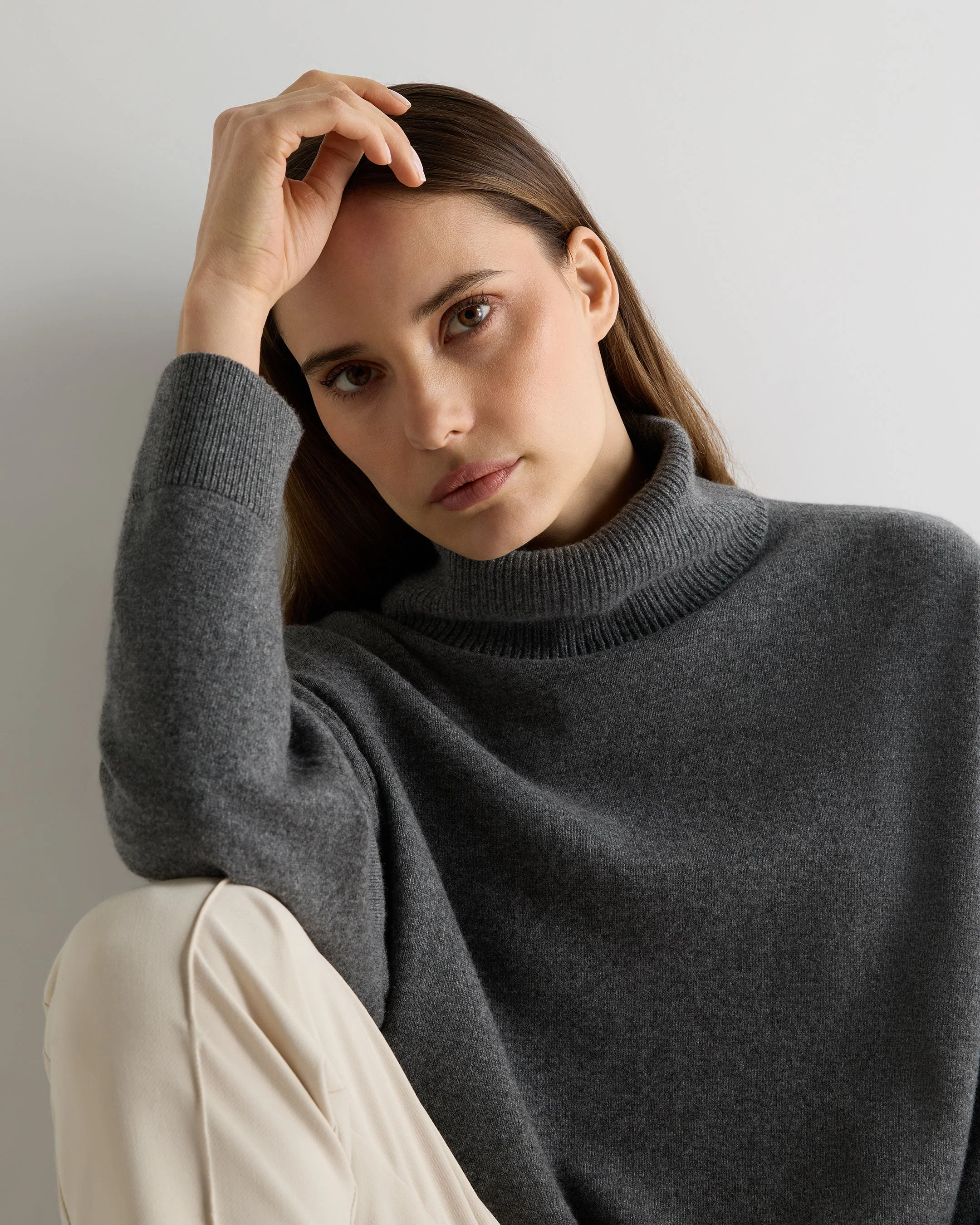 Women's Longline Turtle Neck Cashmere Sweater Elephant Grey