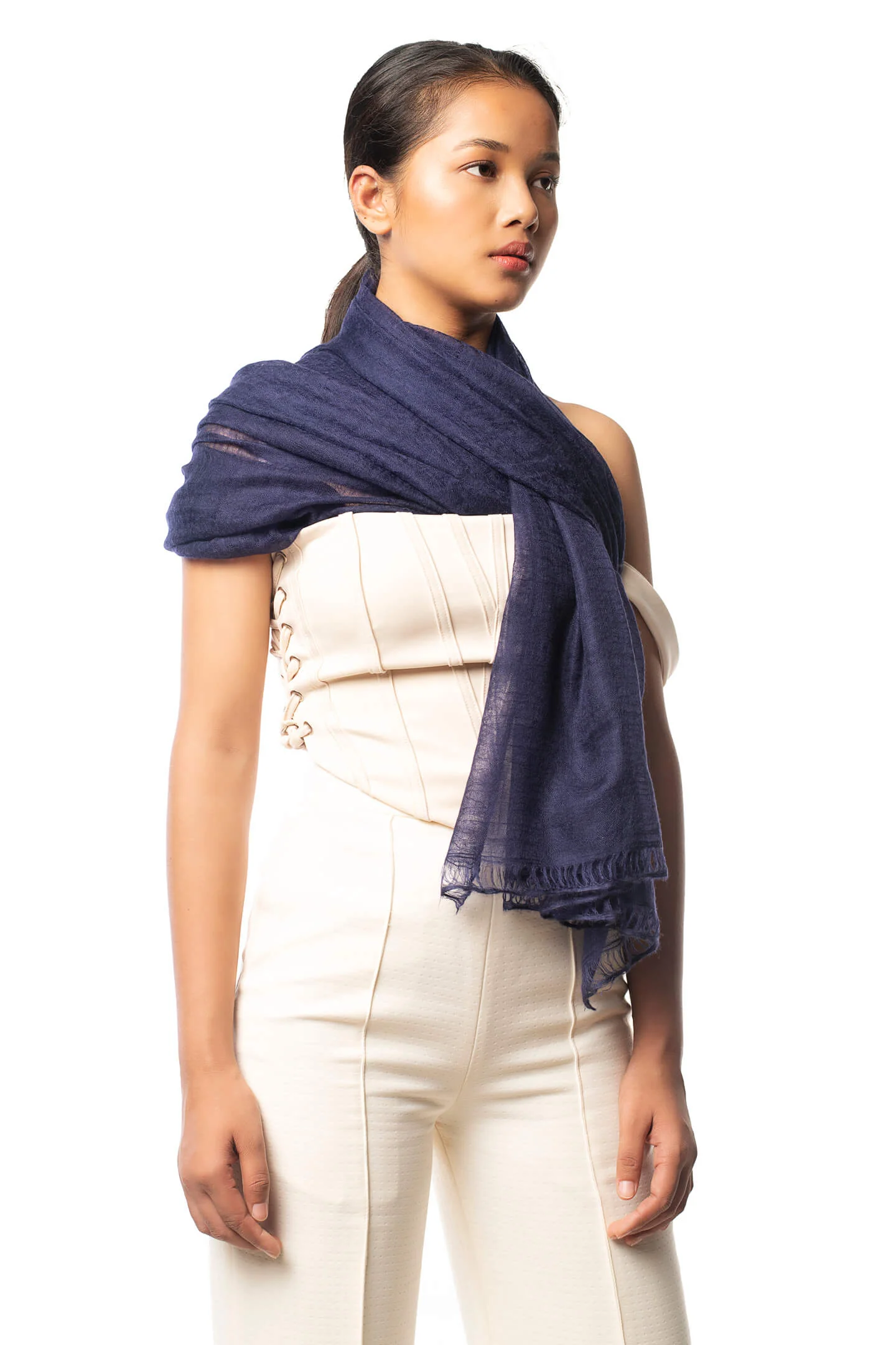 Handwoven Pure Cashmere Scarf Shawl in Indigo Blue