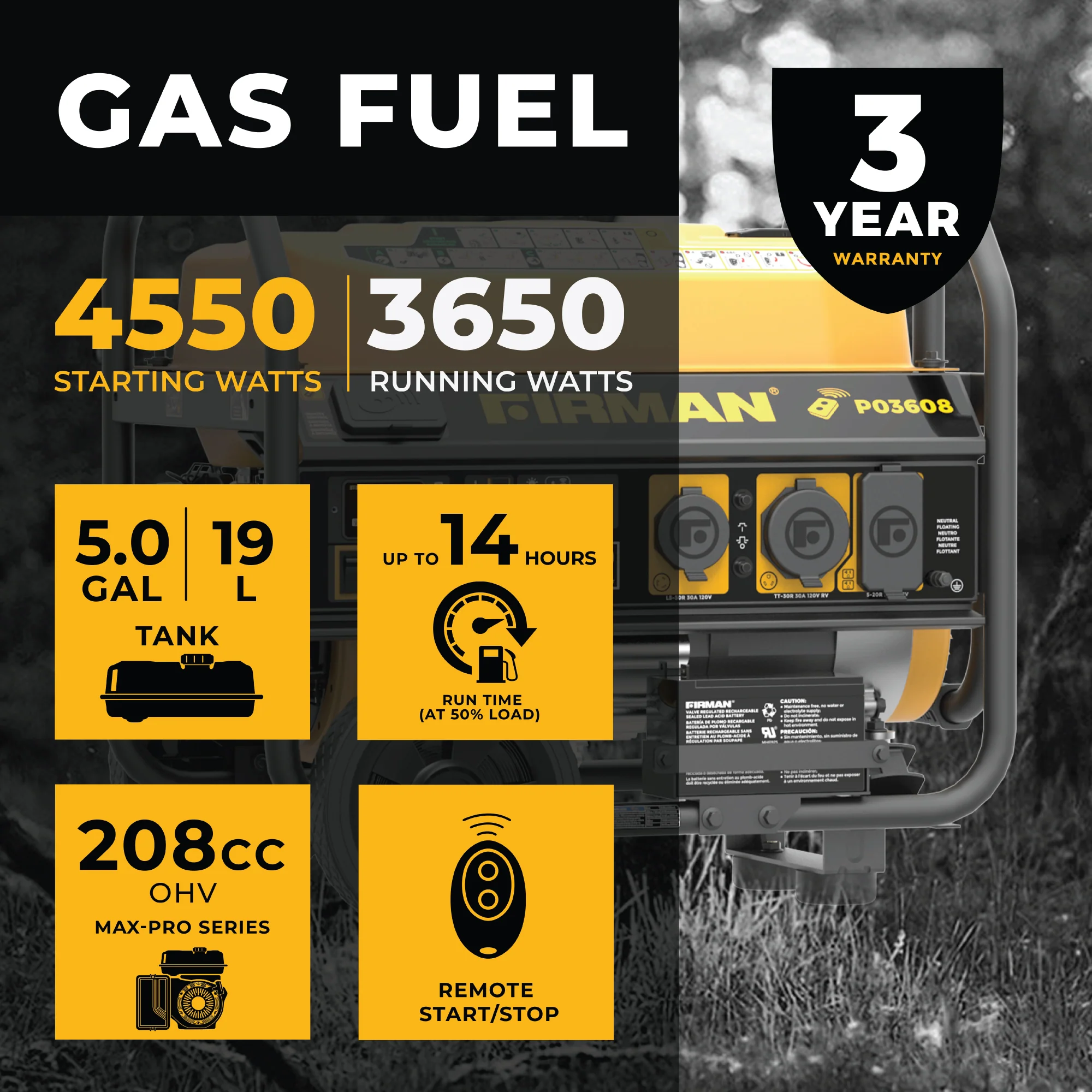 Gas Portable Generator 4550W  Remote Start 120V