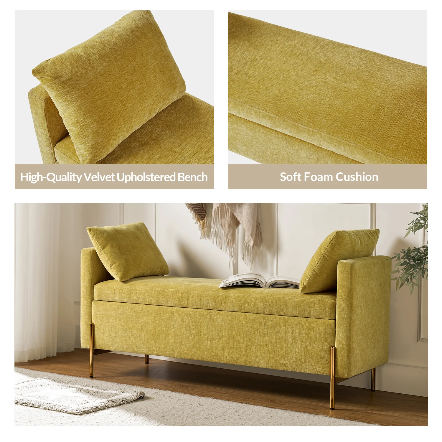 Arrigo Upholstered Flip Top Storage Bench in Mustard