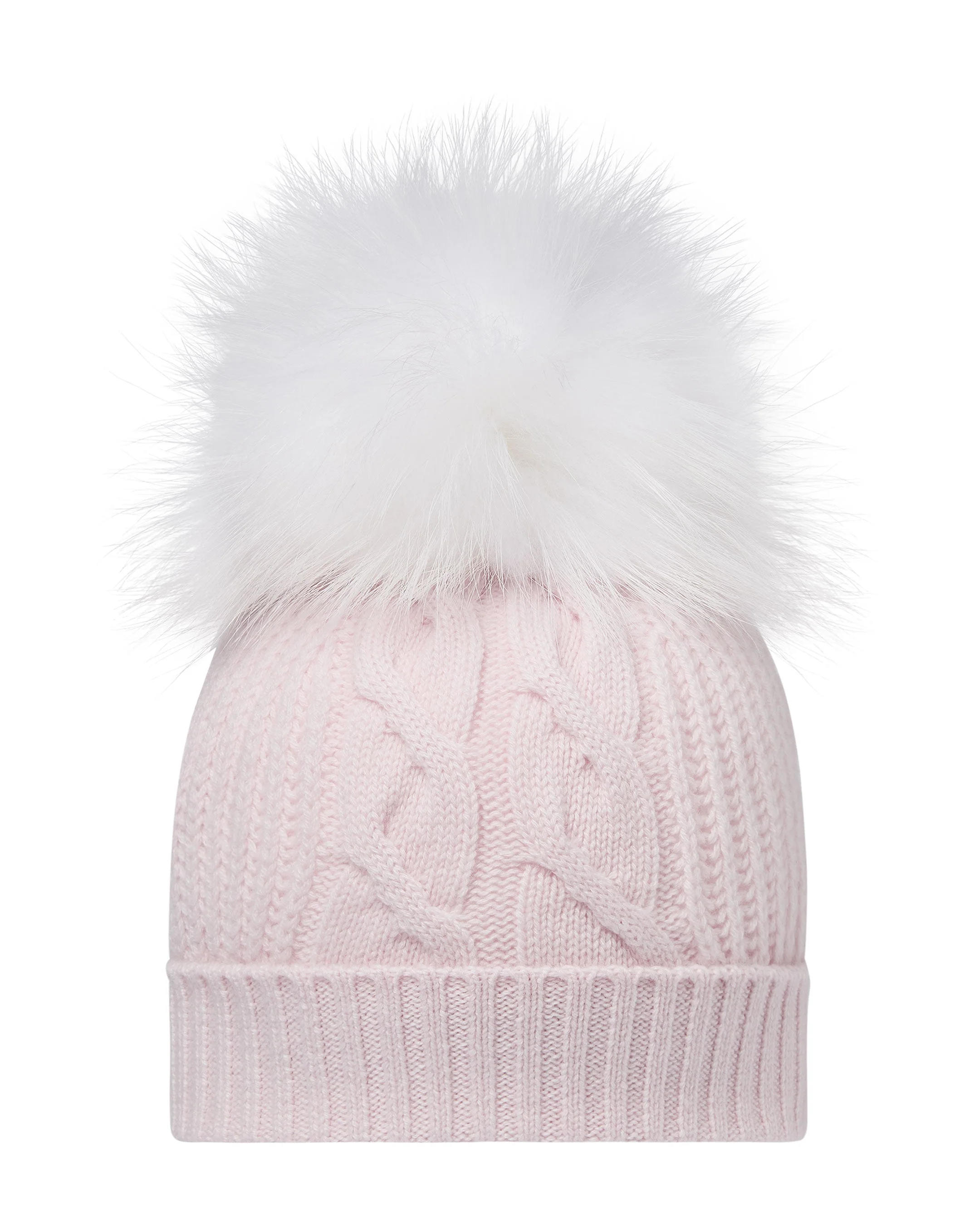 Women's Cable Cashmere Hat With Fur Pom Chalk Pink