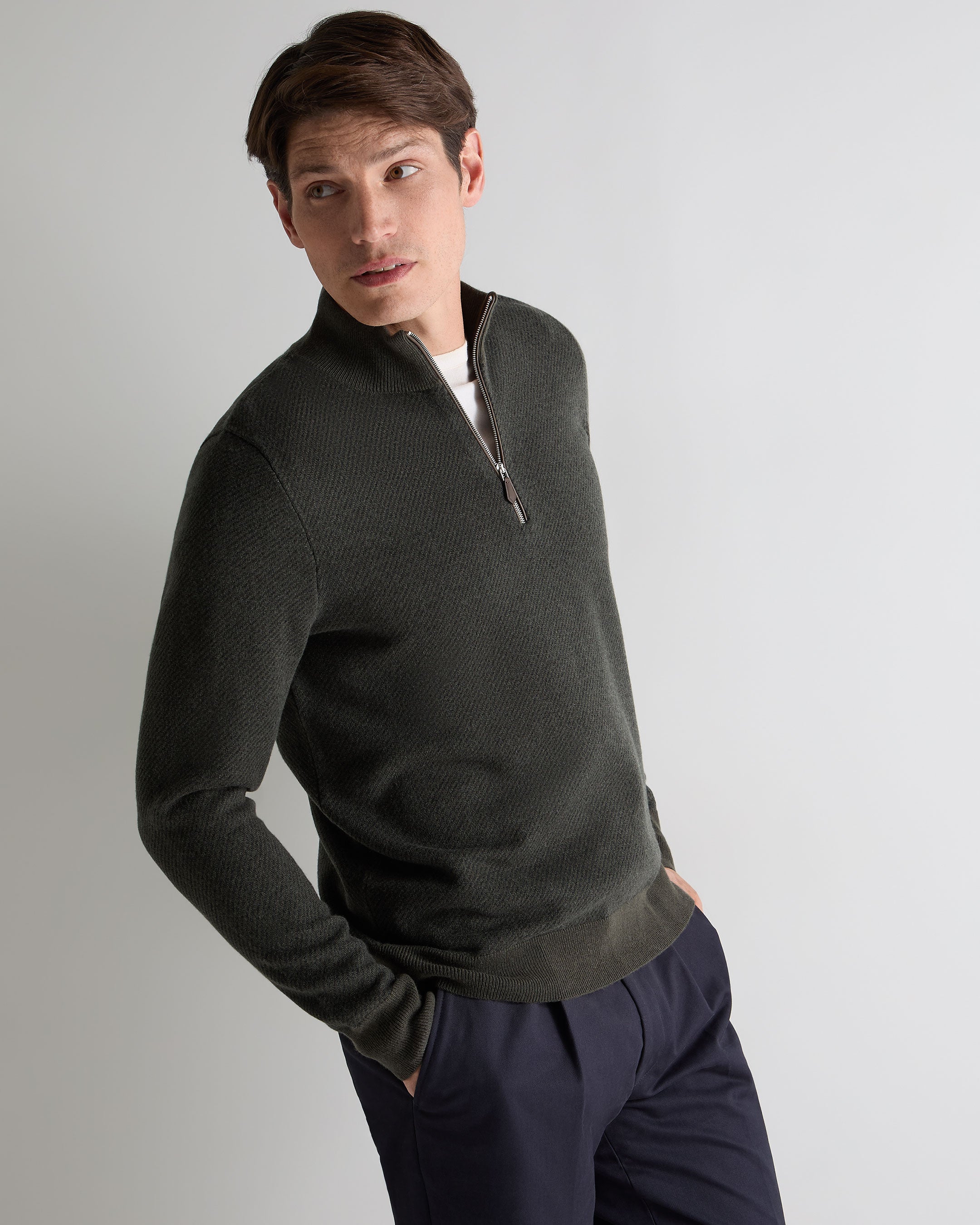 Men's Temple Jacquard Half Zip Cashmere Jumper Arabica Khaki Green
