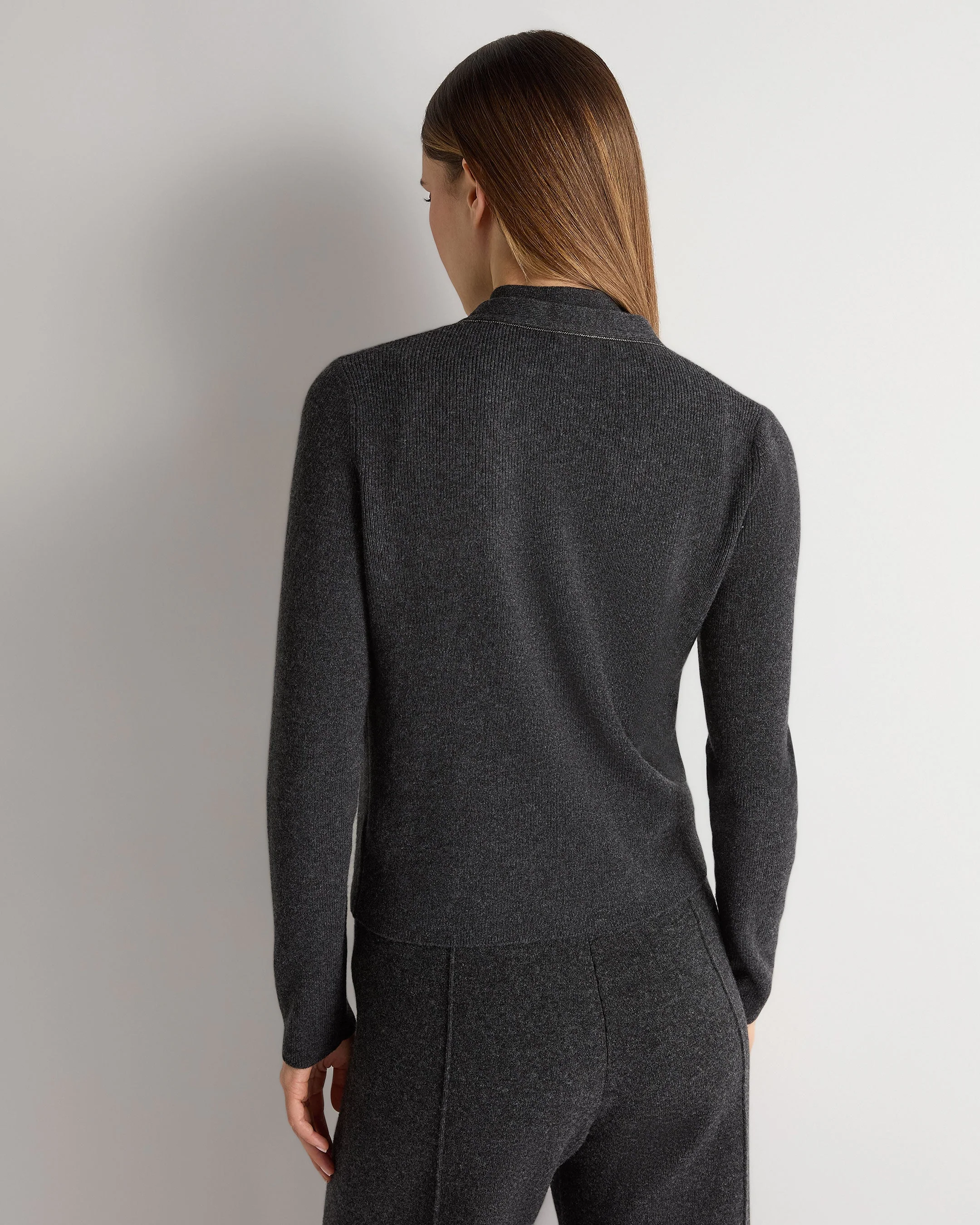 Women's Ribbed Cashmere Cardigan With Metal Trim Deep Charcoal Grey