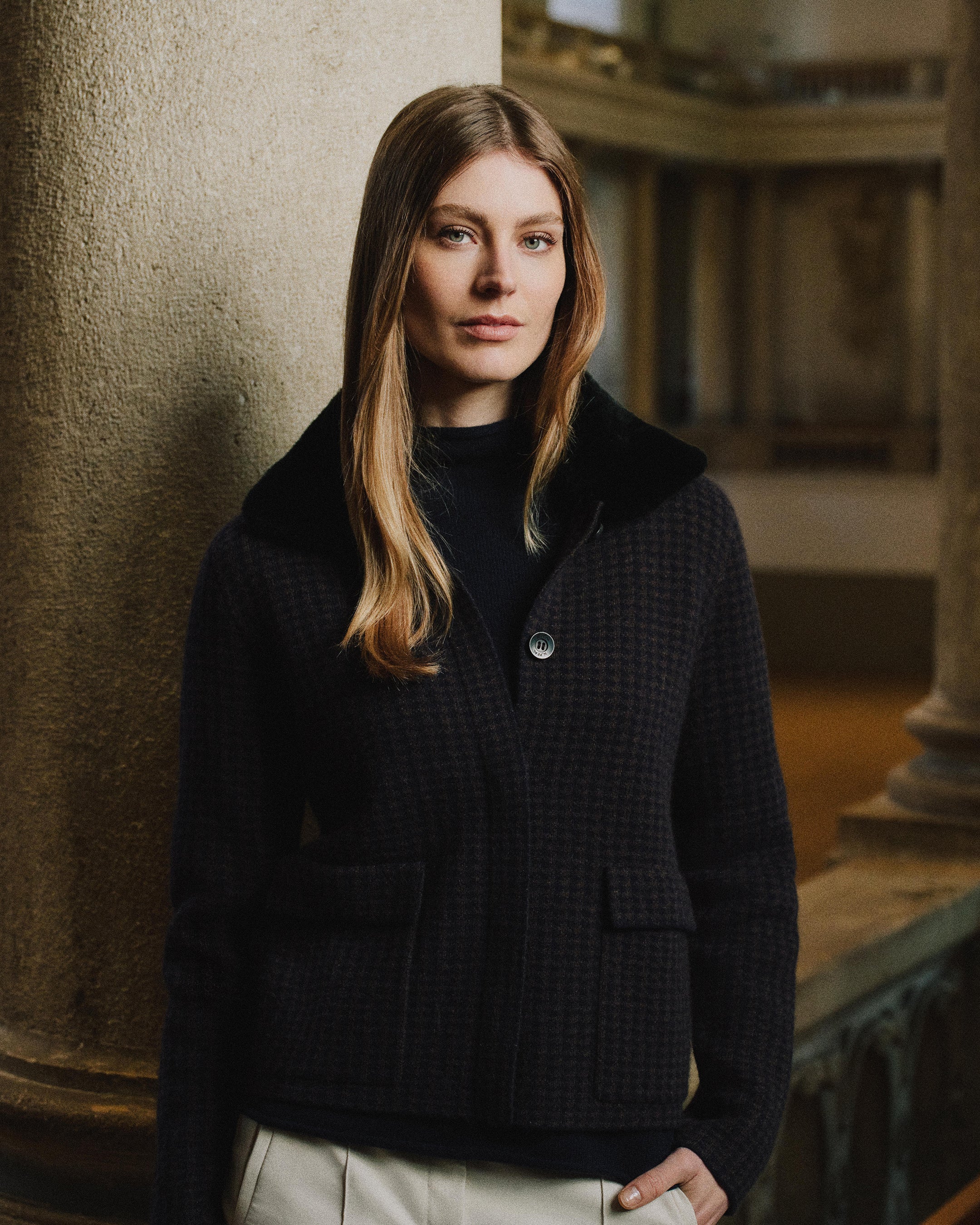 Women's Dogtooth Fur Trim Cashmere Jacket Navy Blue