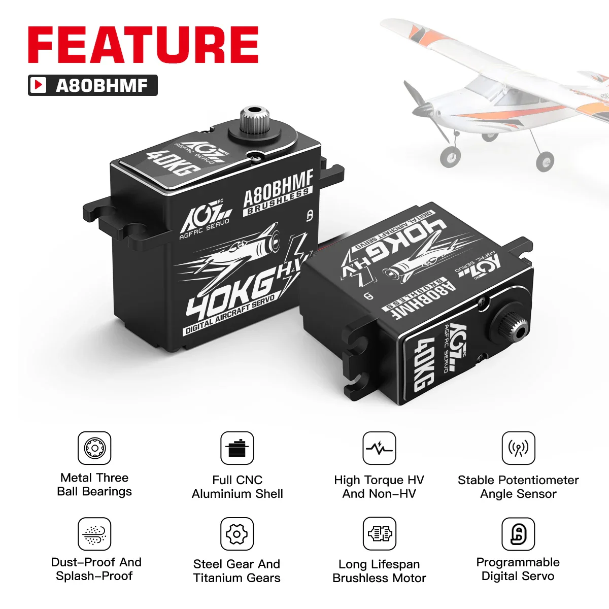 AGFRC A80BHMF -  40kg Aircraft Servo  Programmable Steel + Titanium Gear Digital Brushless Standard Servo For 30-200CC RC Airplane