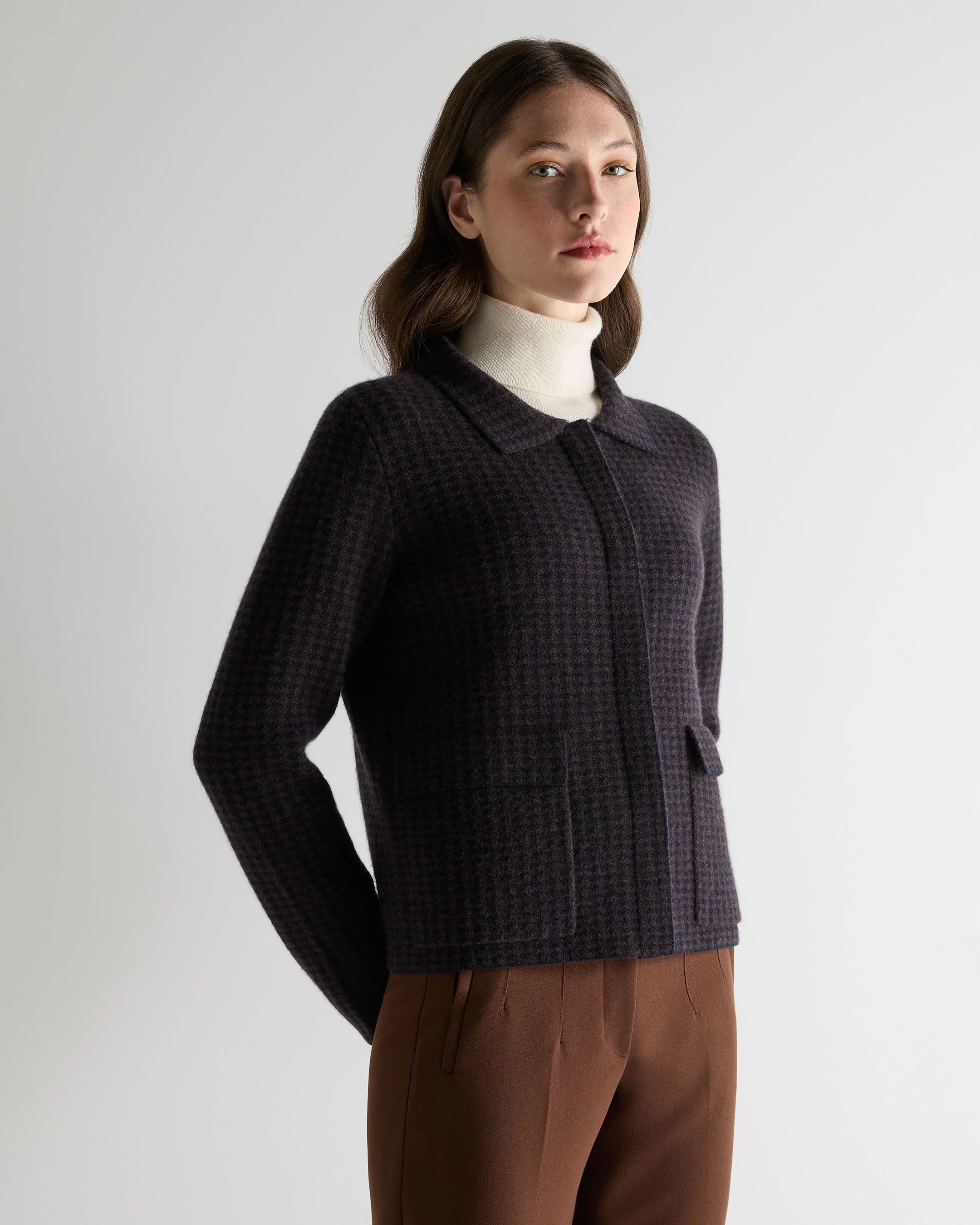 Women's Dogtooth Fur Trim Cashmere Jacket Navy Blue