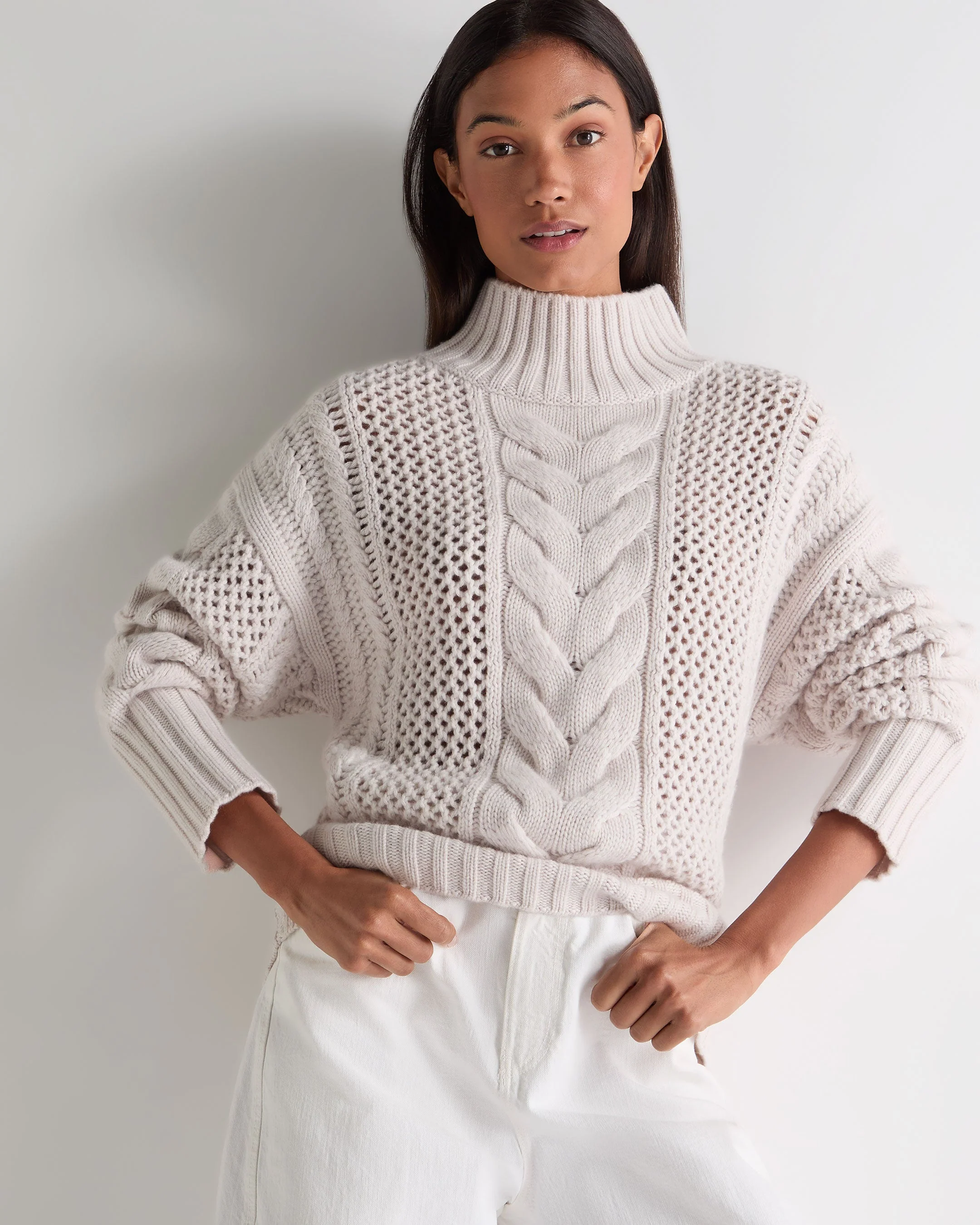 Women's Mock Neck Cable Cashmere Sweater Frost White