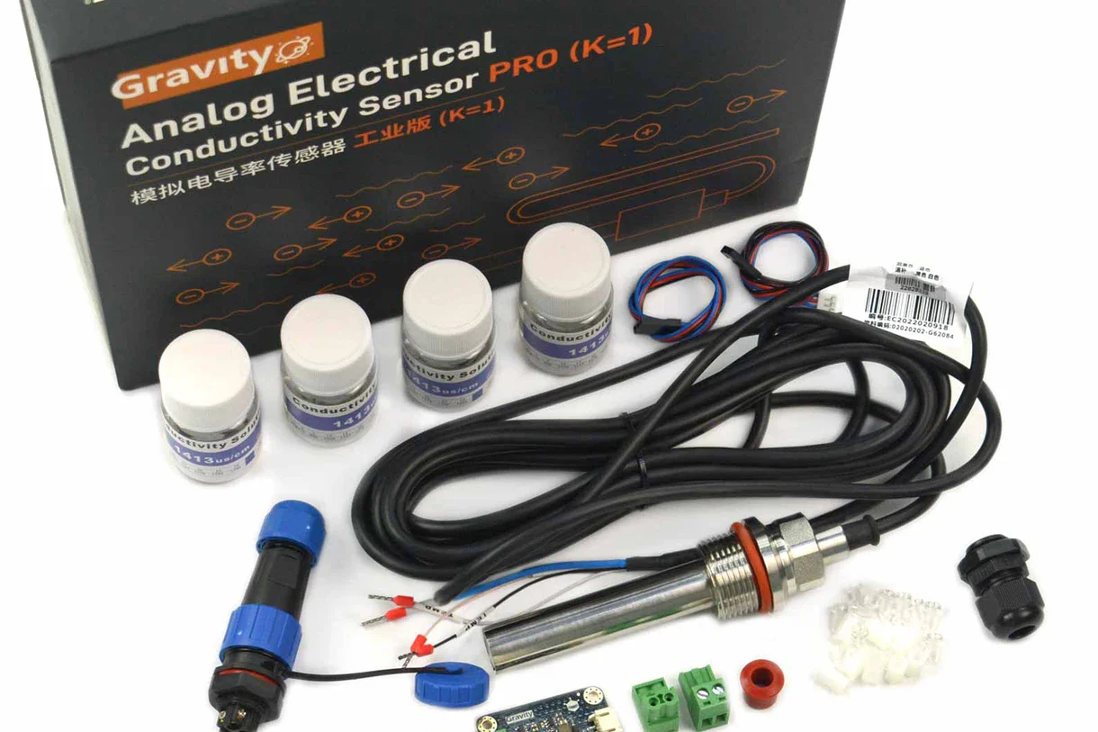 DFRobot SEN0451 Gravity Industrial Analog EC Sensor Kit (K=1), IP68, 100–2000 µS/cm, PT1000 Temp Comp, 3.3–5 V for Arduino/Raspberry Pi