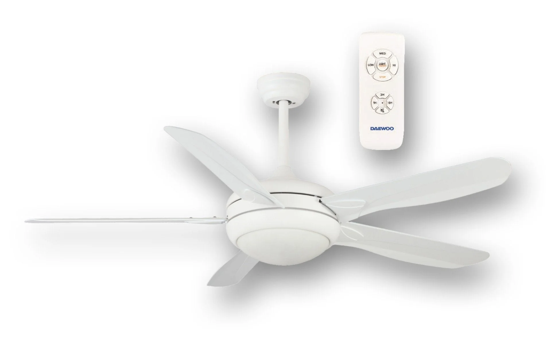 Daewoo 220 volt ceiling fan White with LED light remote 5 blades 220v 240 volts 50 hz DE-56CFW01